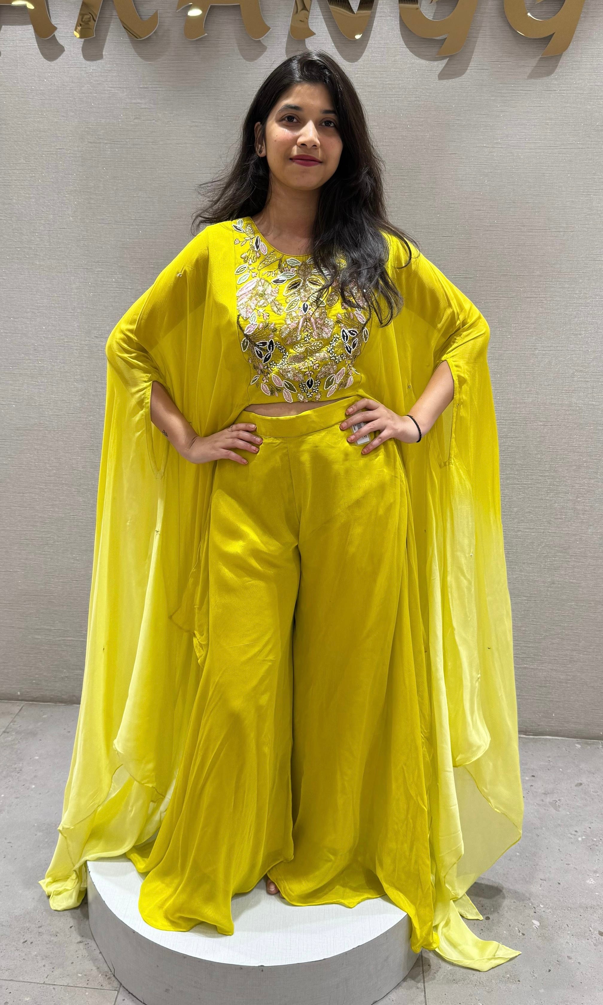 Yellow embroidered palazzo with a cape