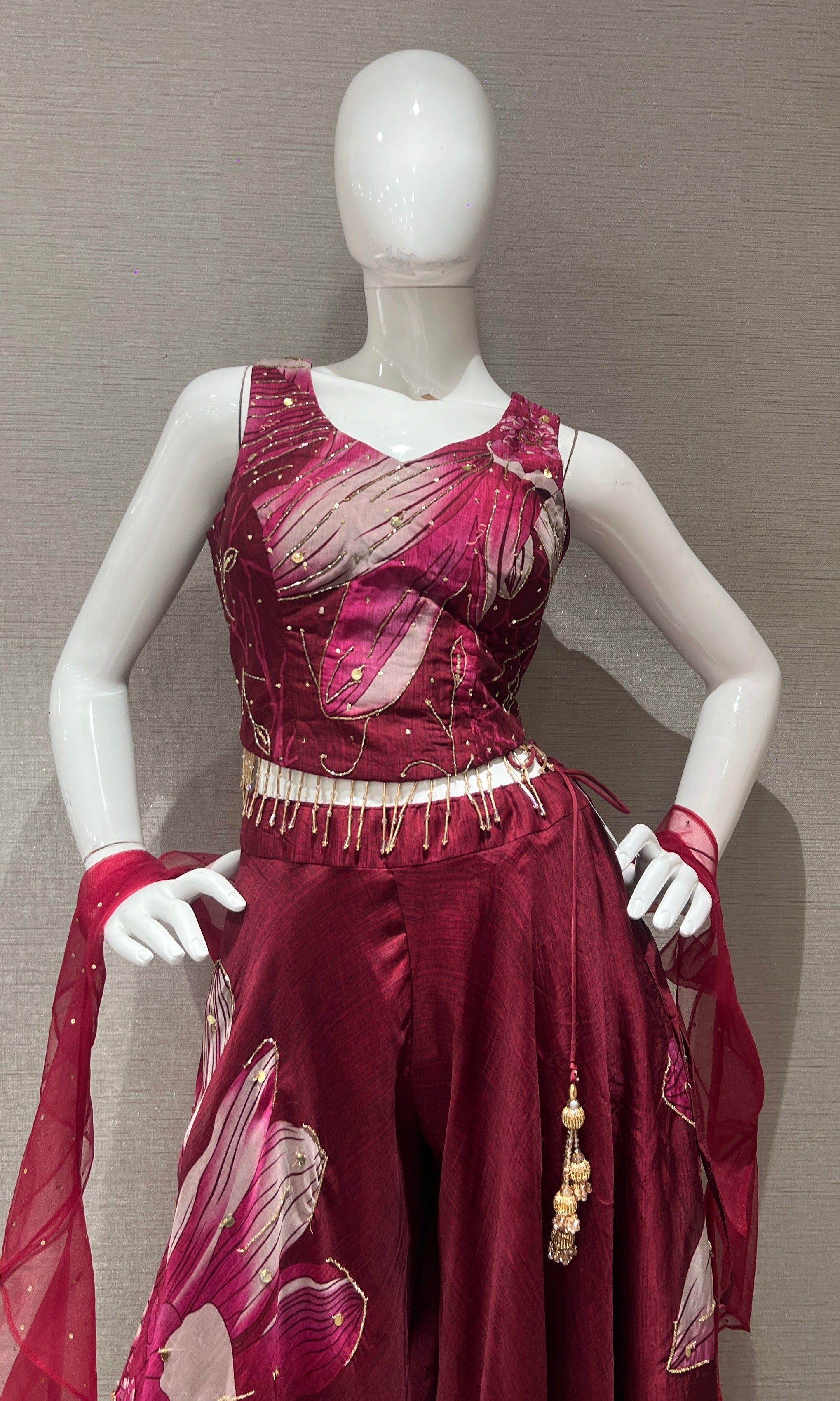 Wine Red Floral Organza Palazzo Ensemble
