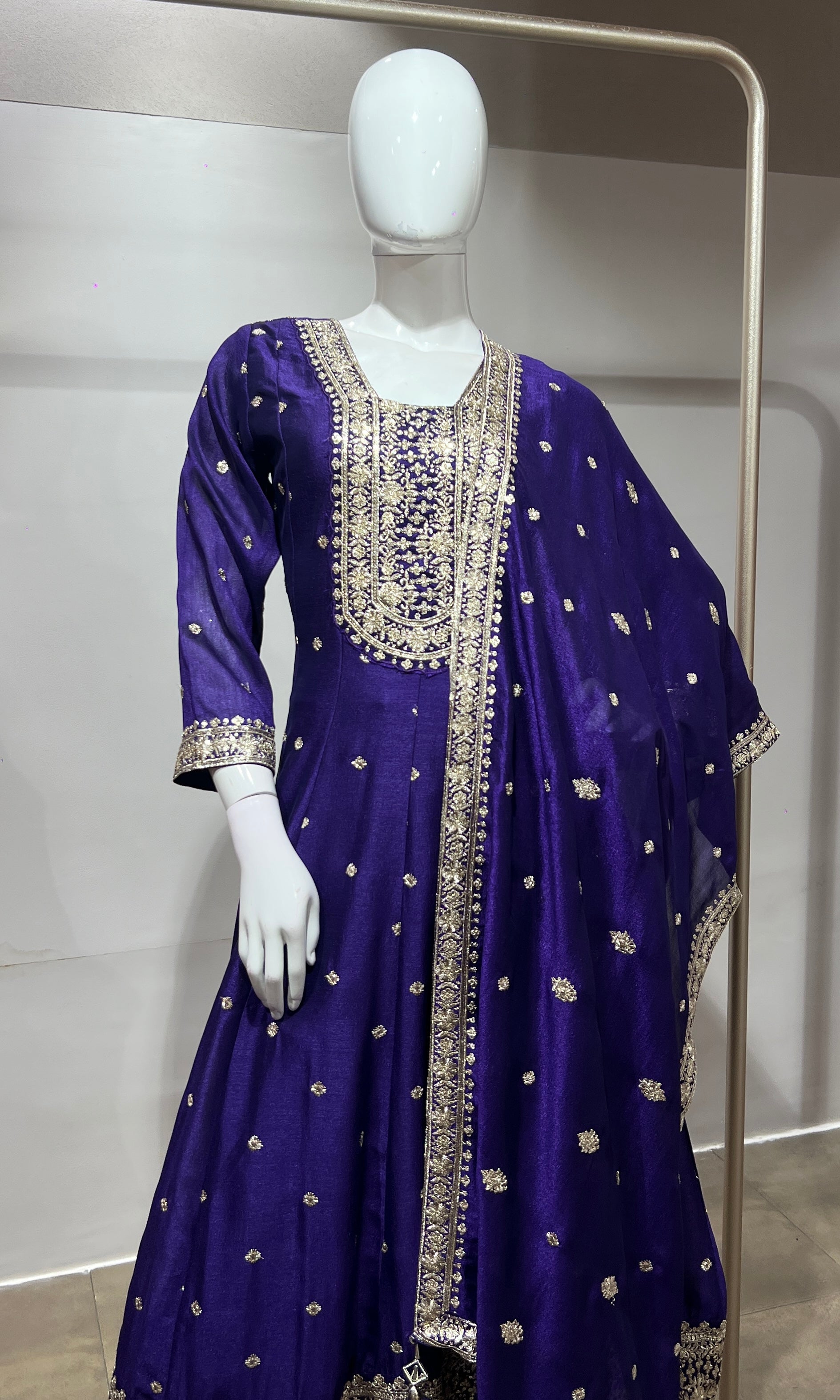 Purple gold embroidered anarkali set