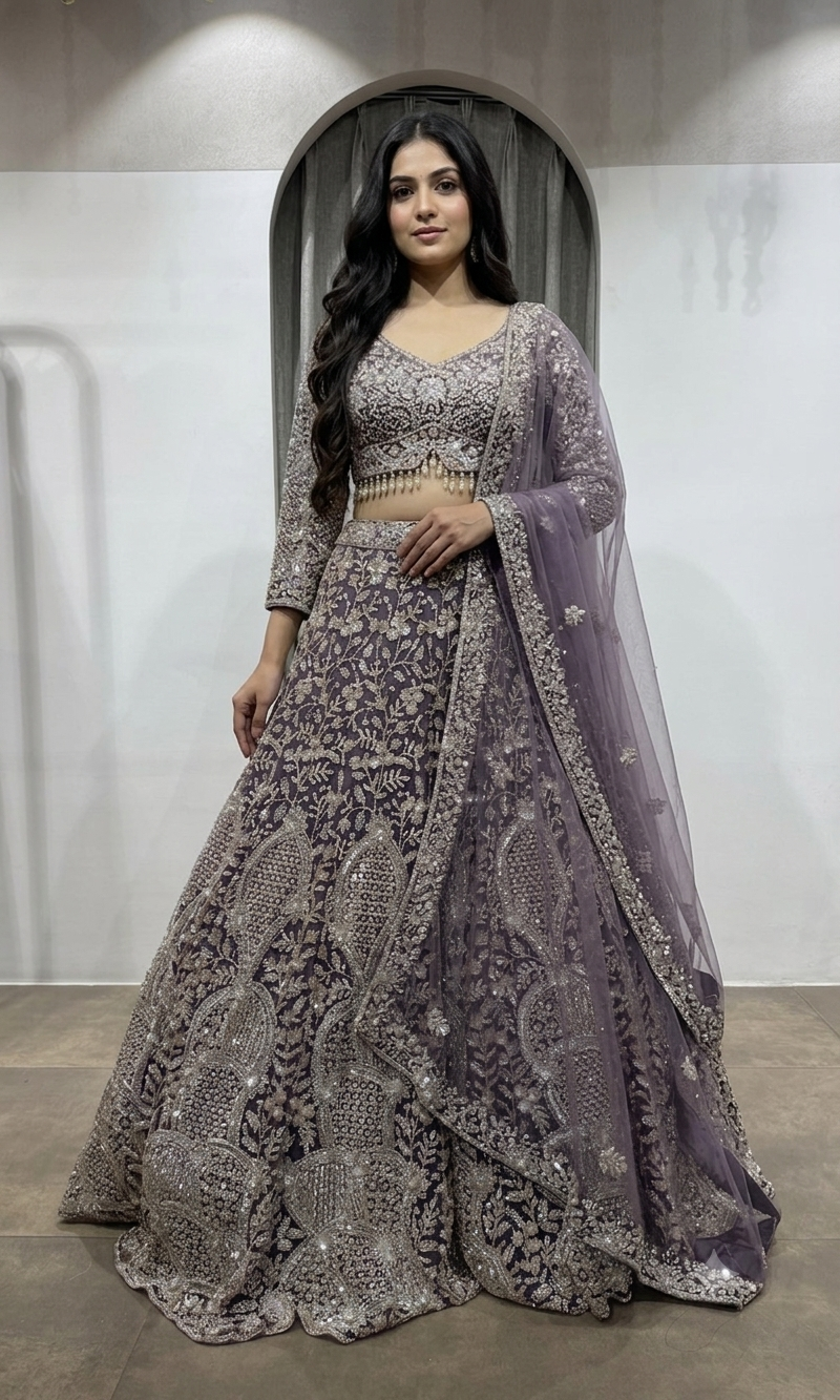 Light Purple Sequin Embellished Bridal Lehenga