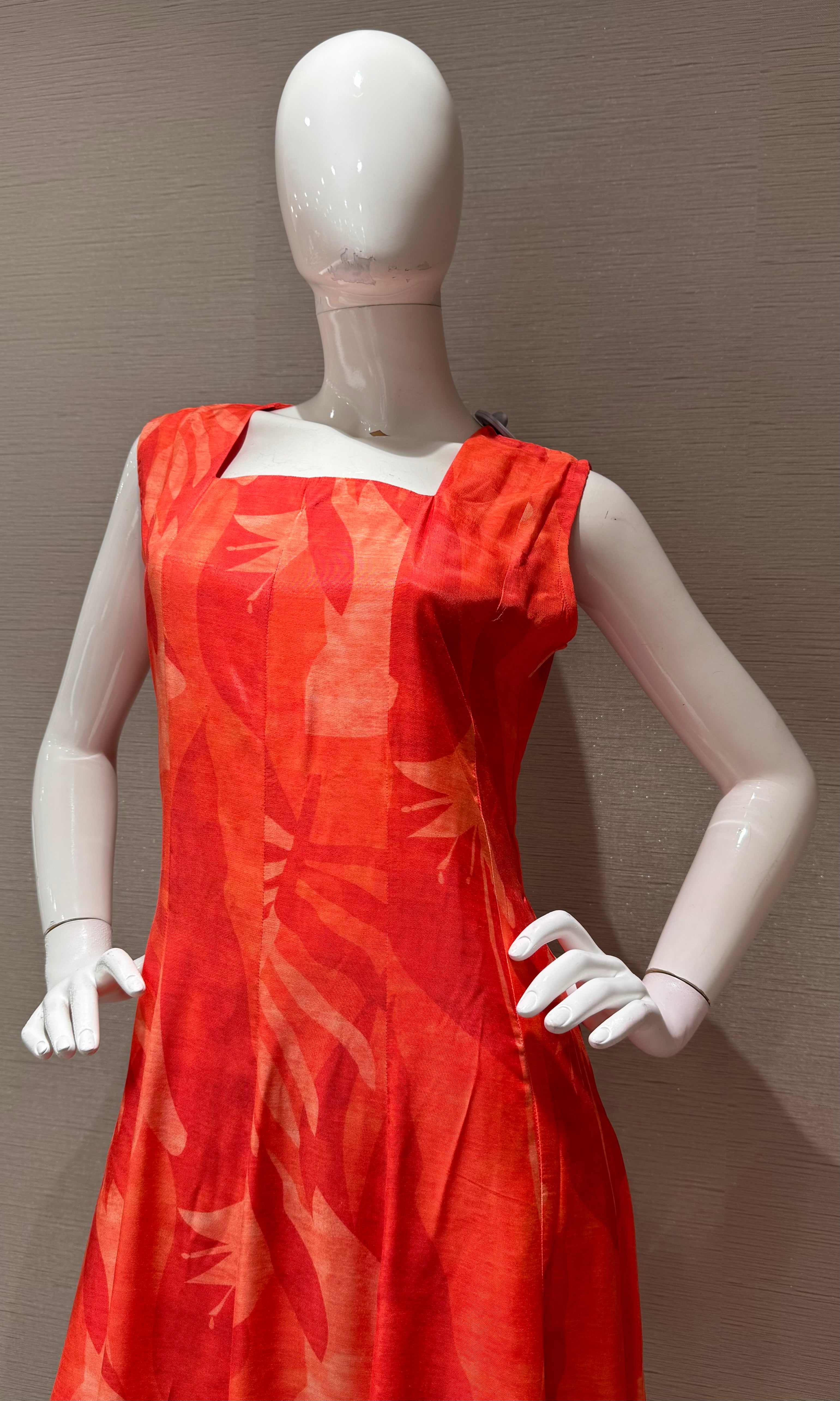 Orange Abstract Leaf Print Flare kurti
