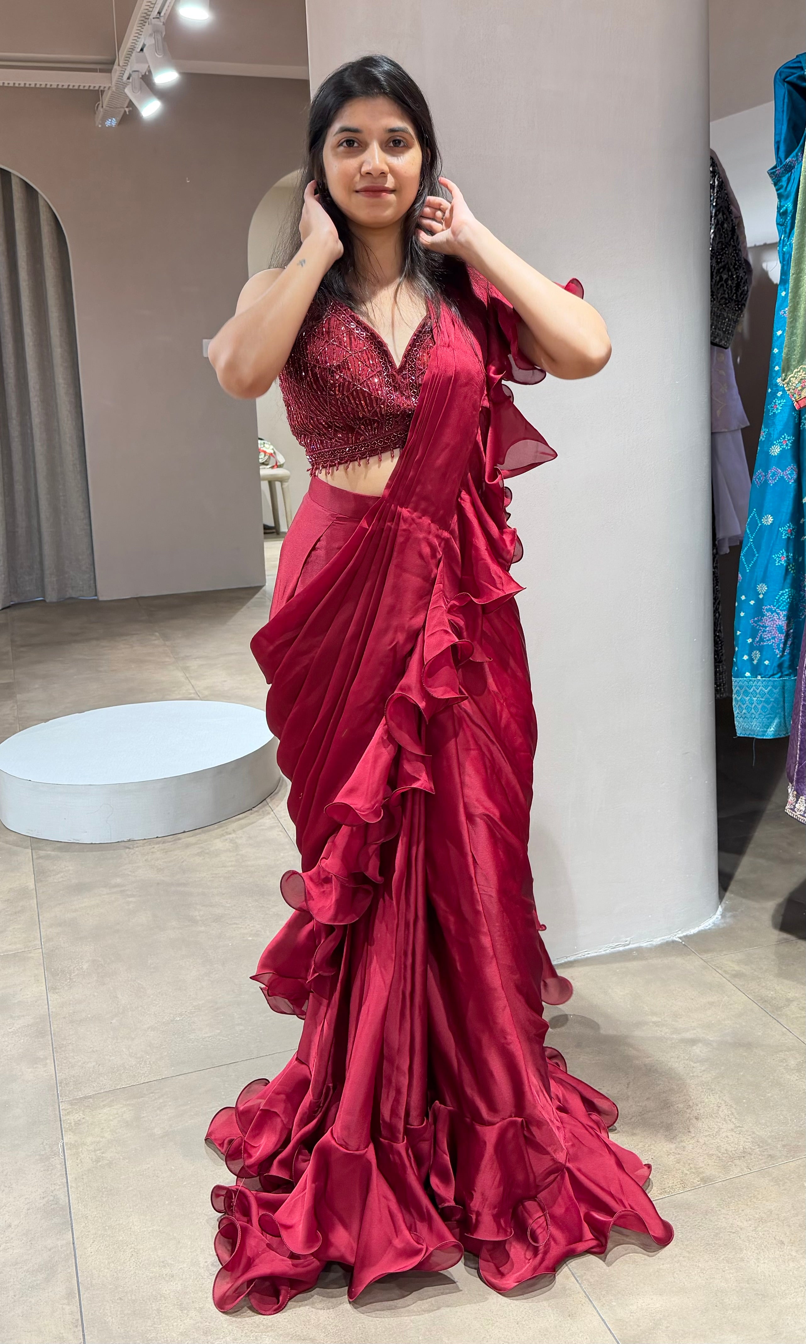 Maroon EMBELLISHED RUFFLE drape saree
