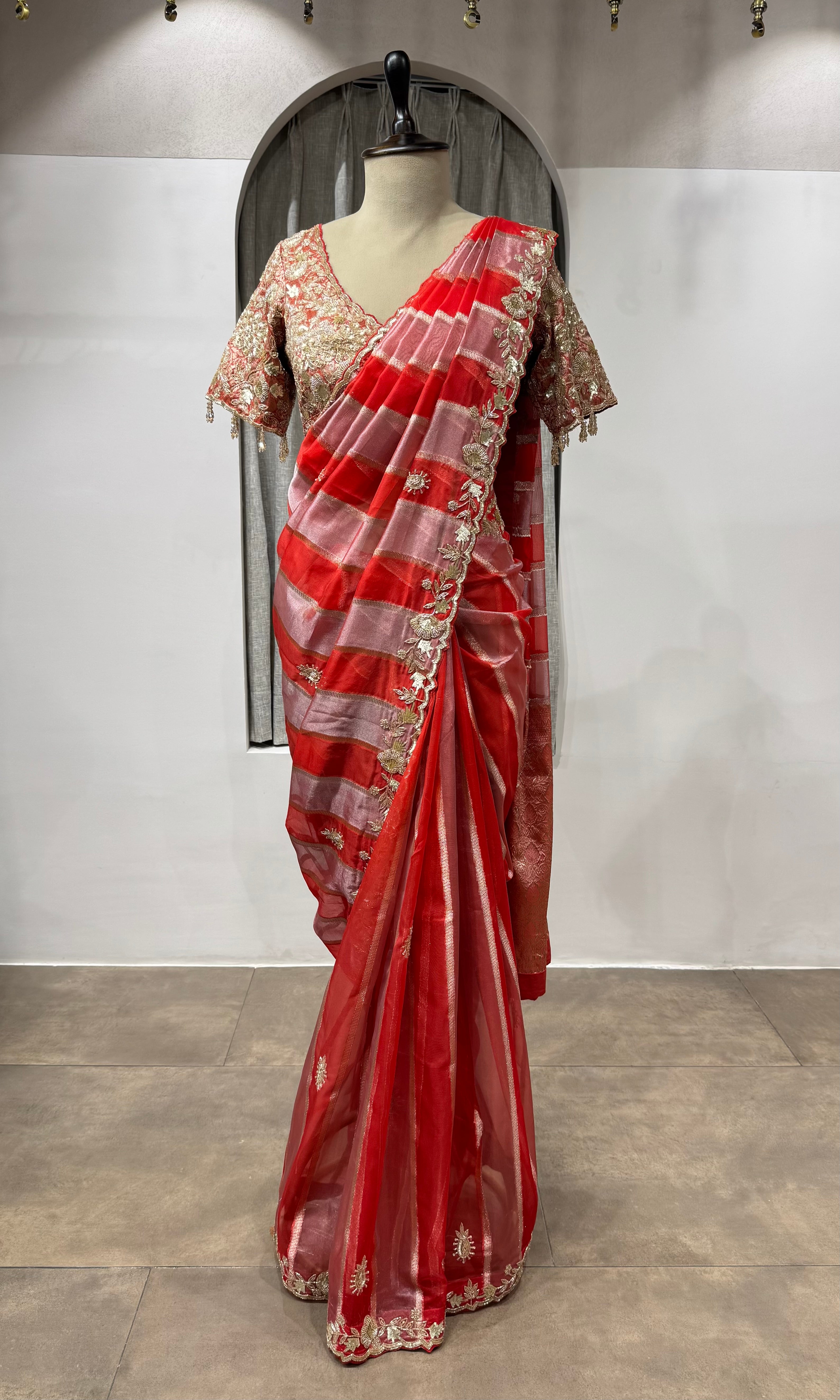 RED Embellished Silk Leheriya Saree