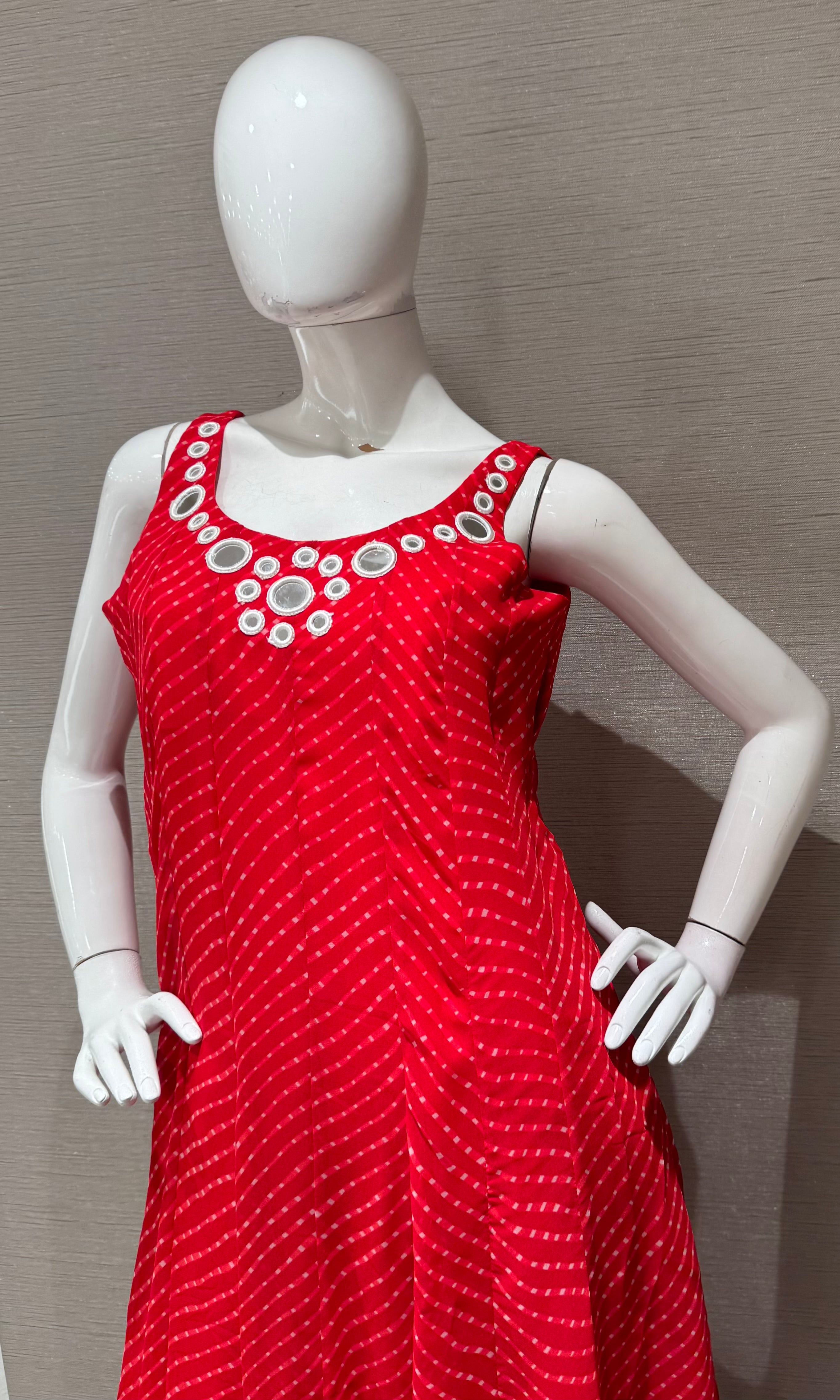 Red bandhani print and intricate mirror anarkali set