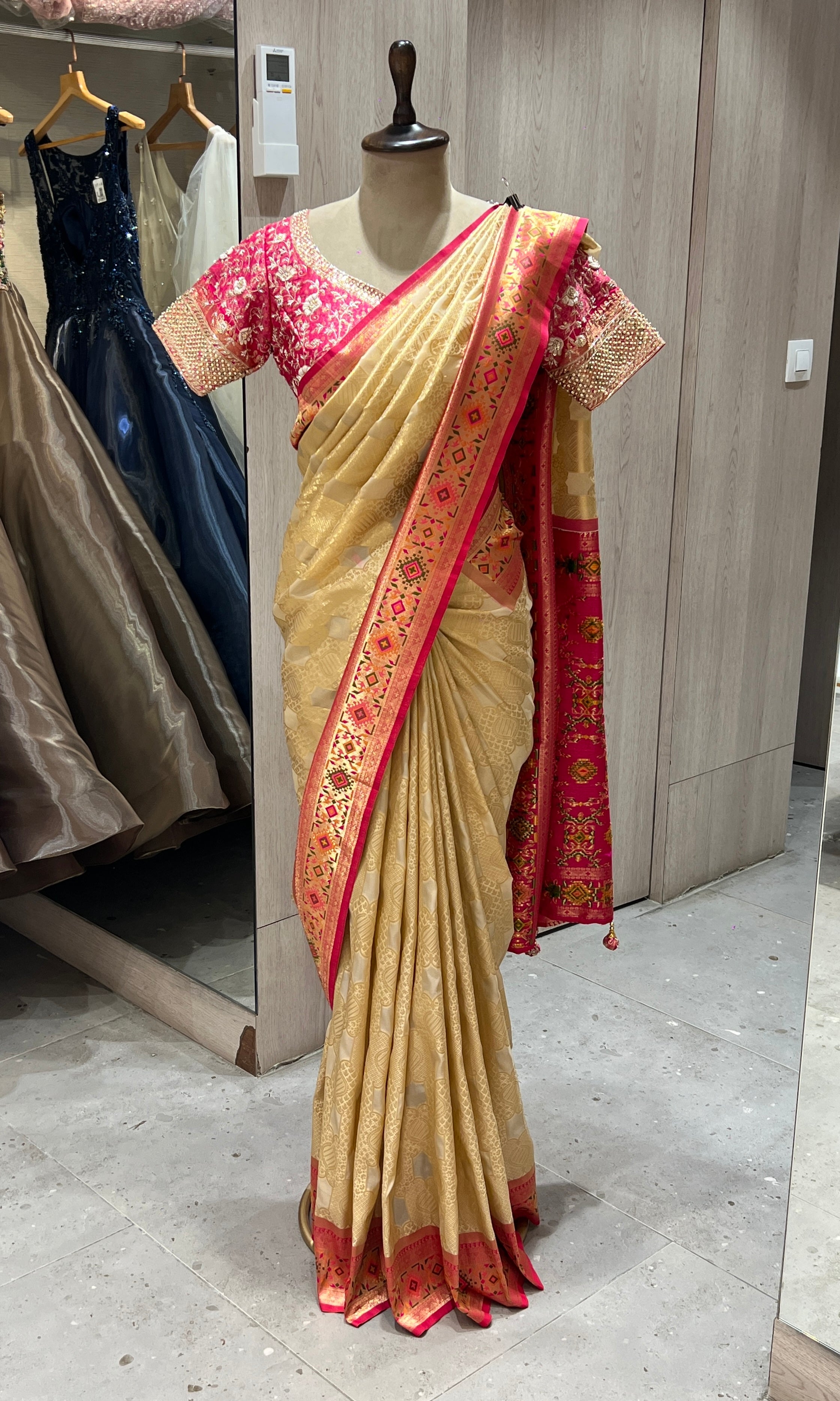 pink and gold kanjivaram saree with blouse
