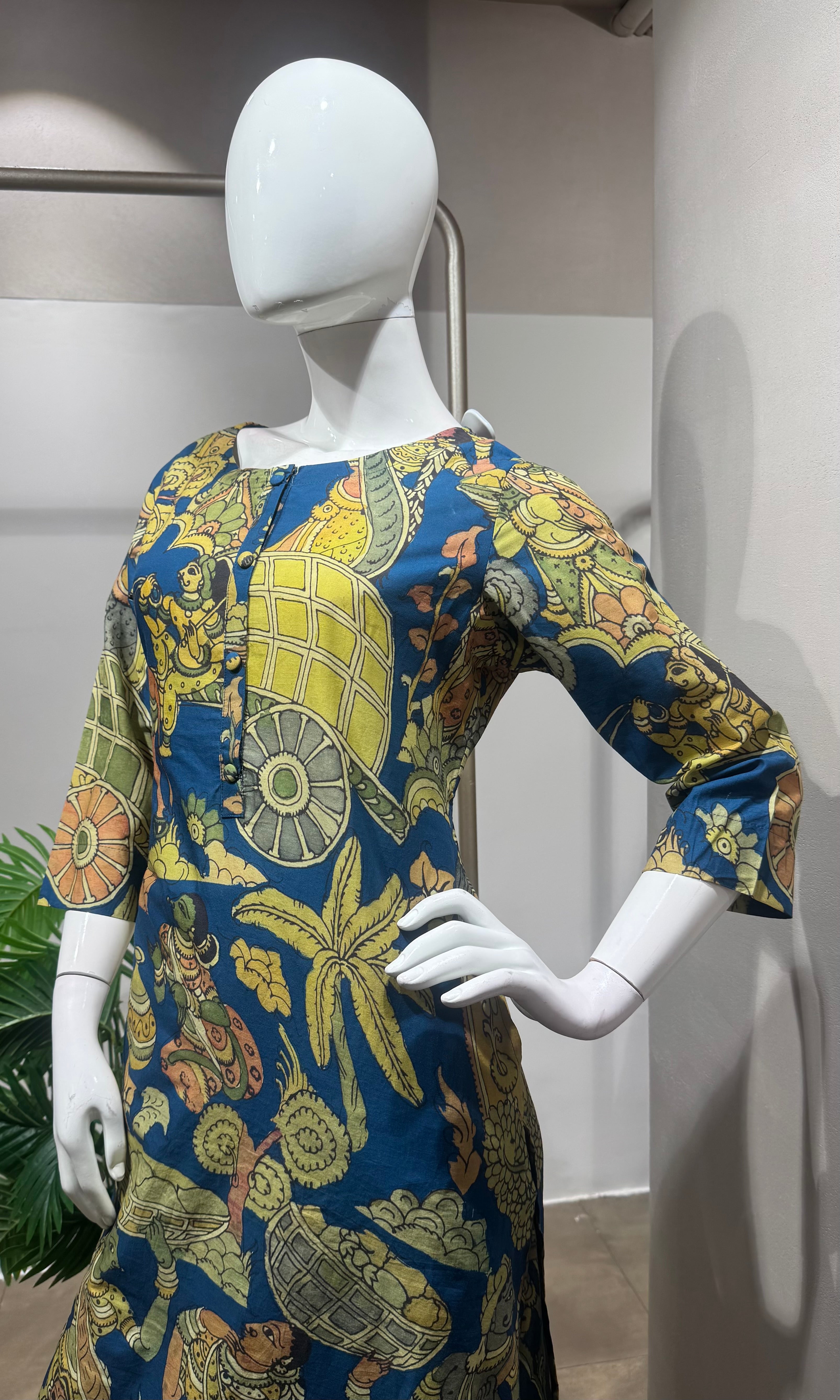 green and blue printed kurti with bottom