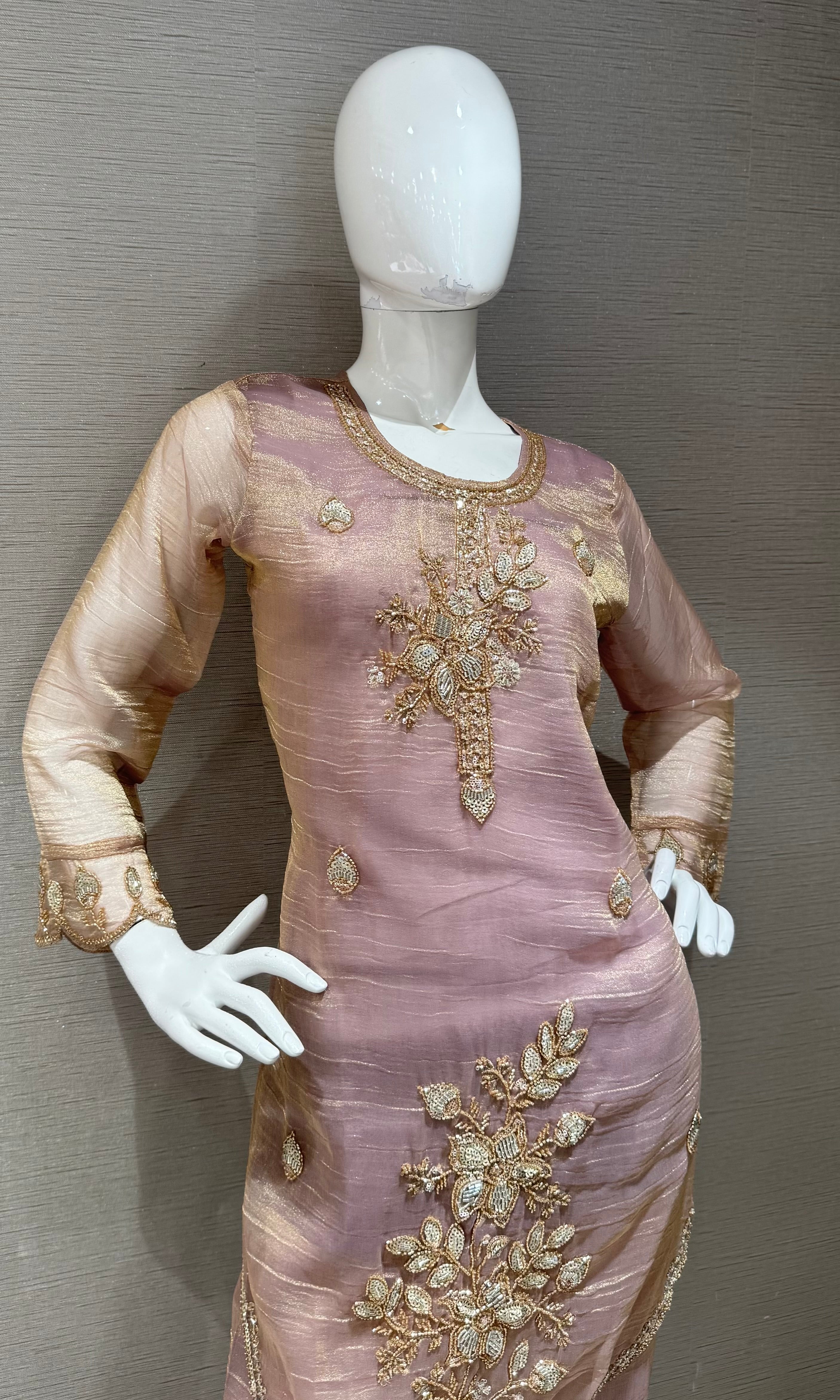 Moee tissue kurta set with short top & wide pants