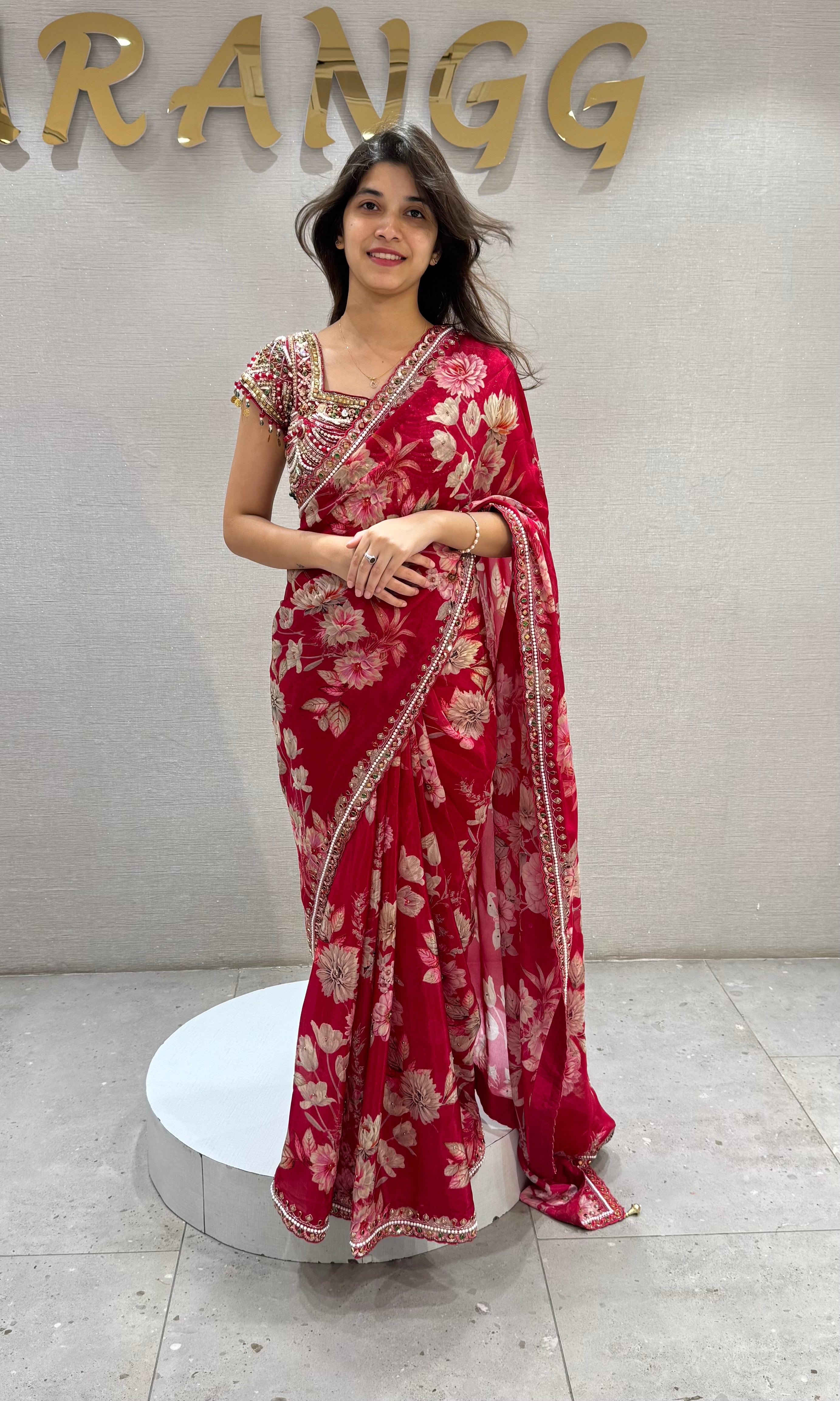 Rani Pink Crimson Bloom Georgette Saree