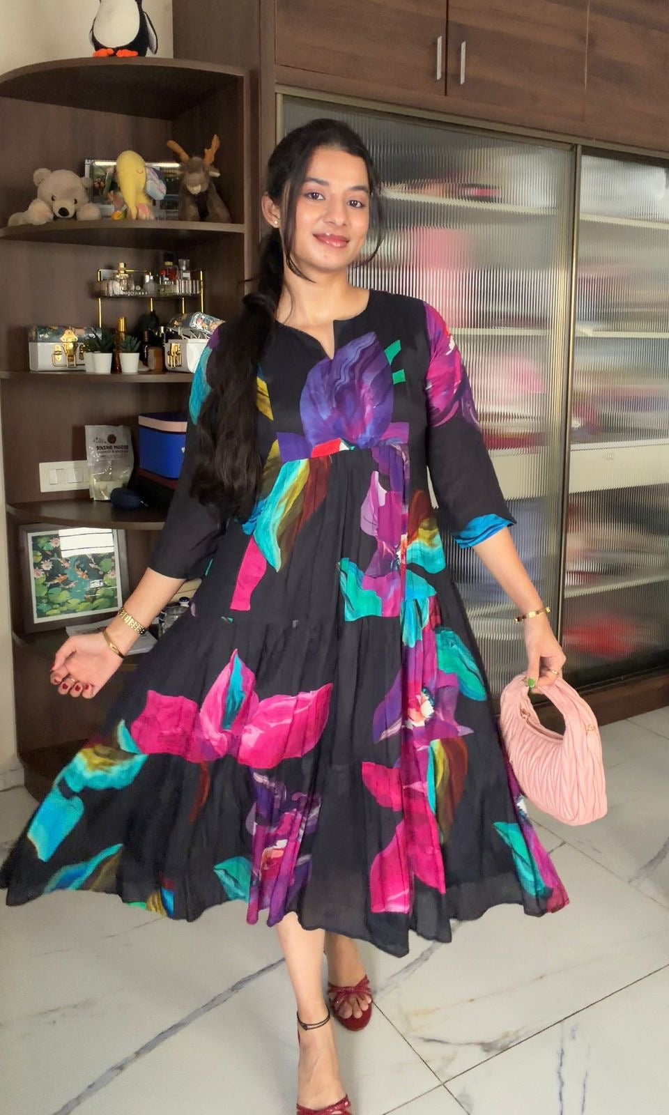 BLACK dress with vibrant FLORALS