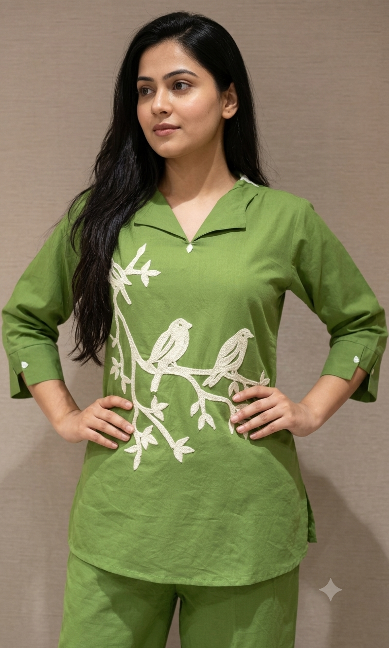 Green Bird Print Tunic Cord set