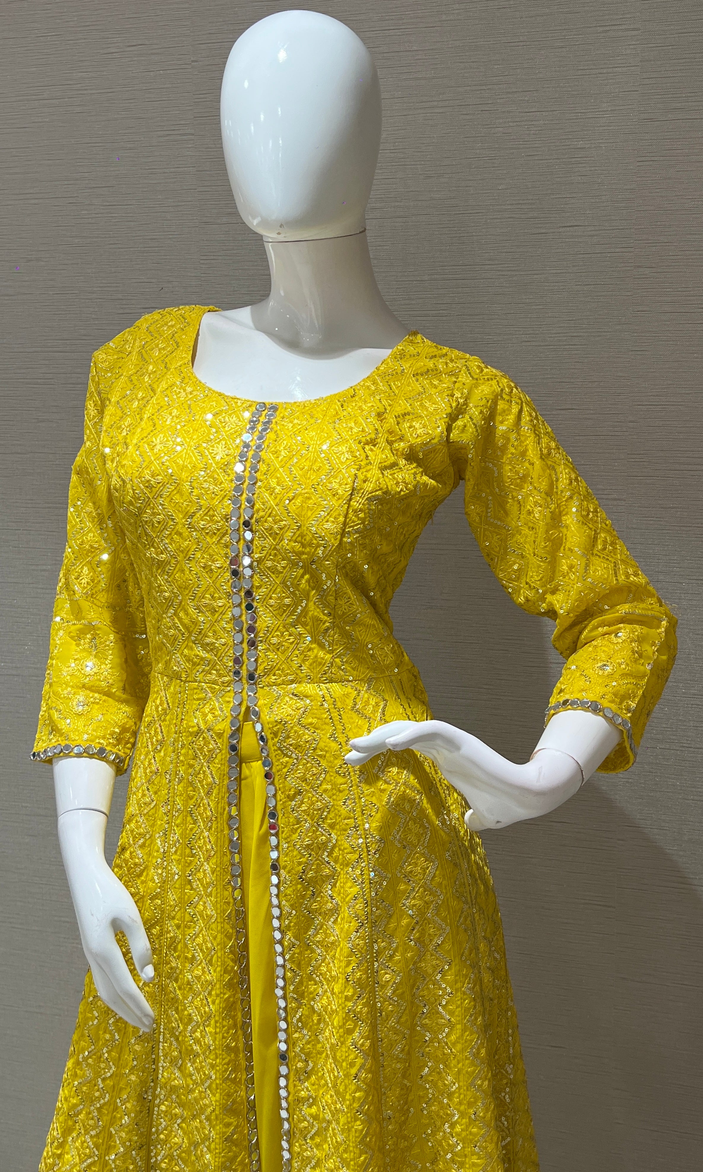 Yellow front slit Anarkali with palazzo pants