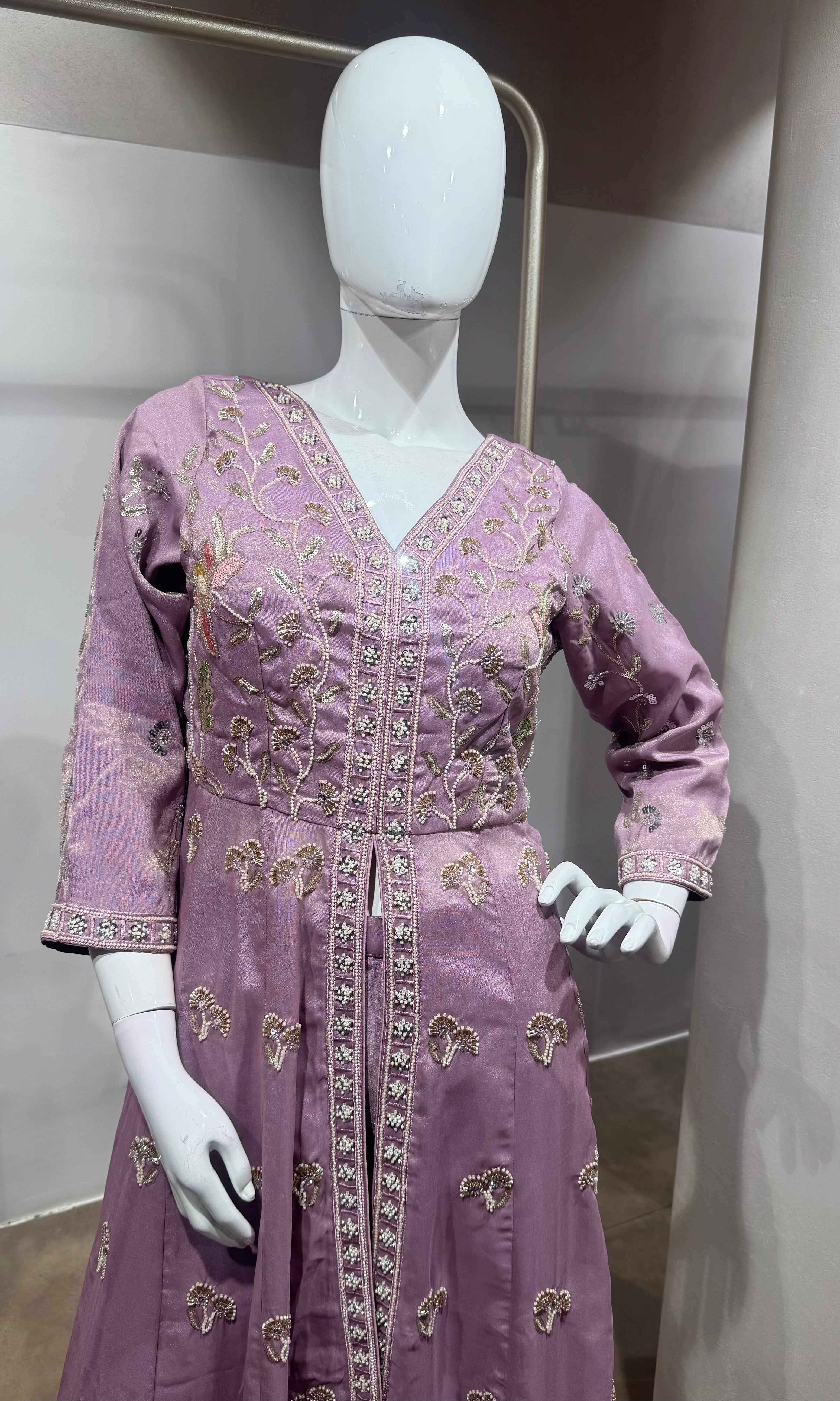 Lavender floral front slit Anarkali set
