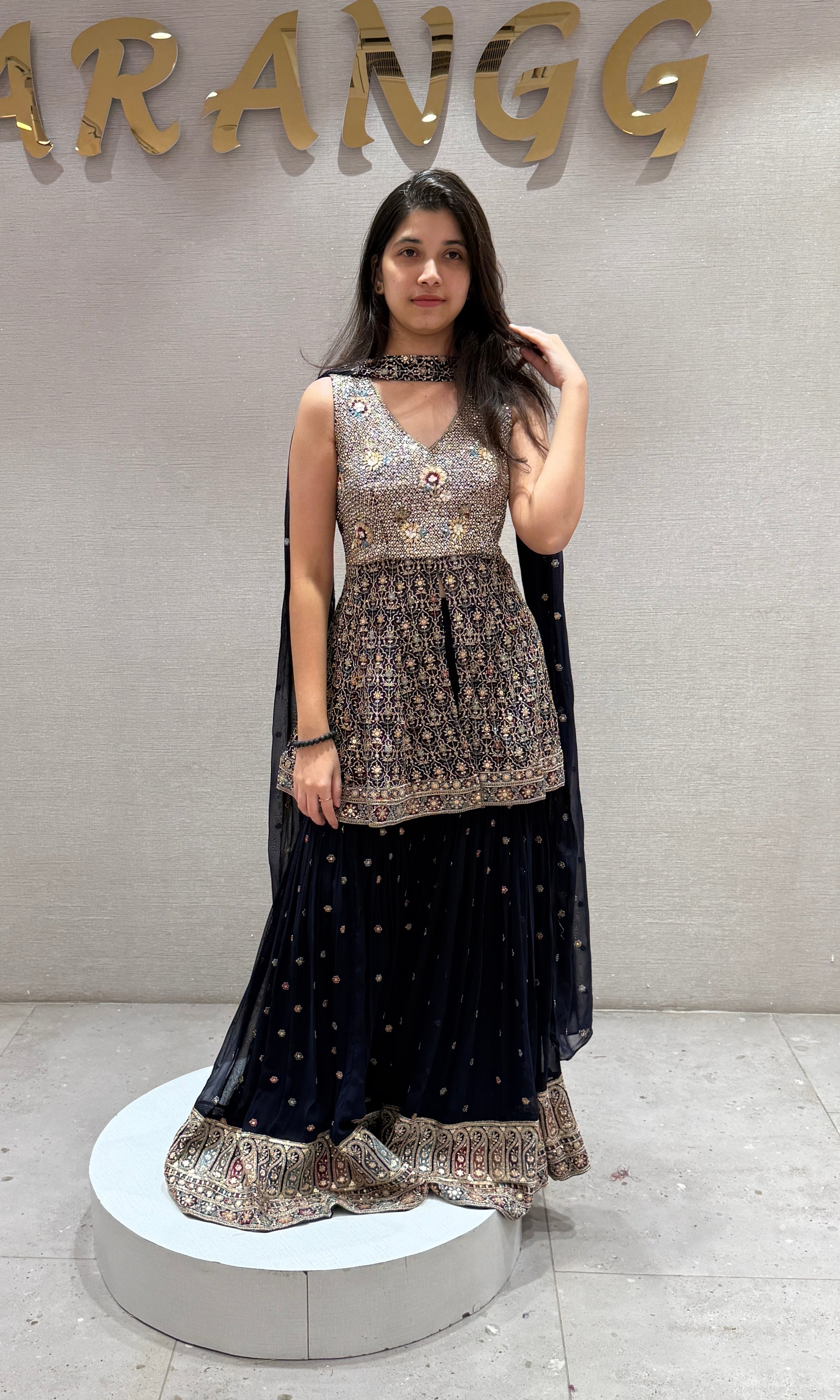 Navy Blue Embroidered Sharara Set