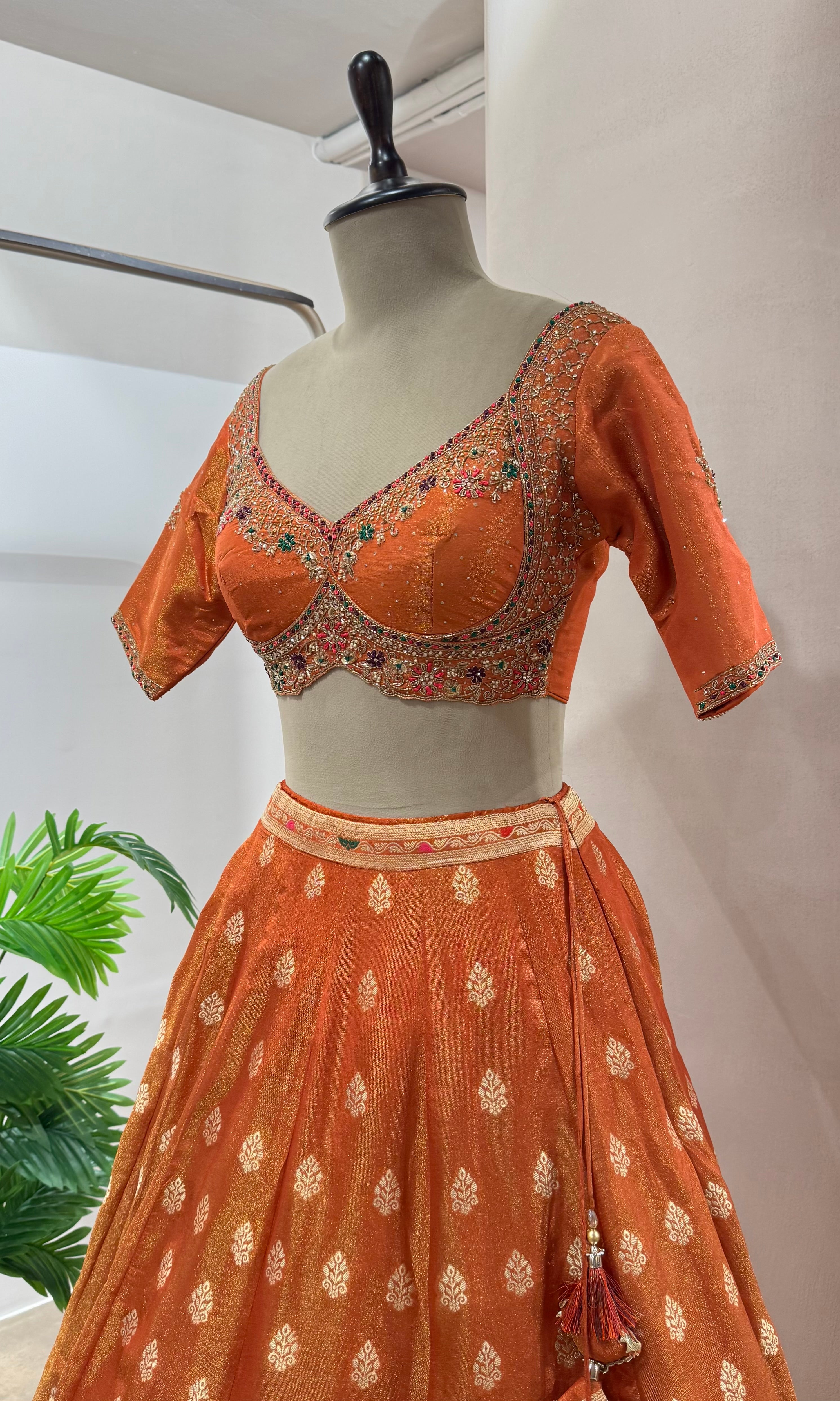 RUST BANARASI EMBROIDERED LEHENGA