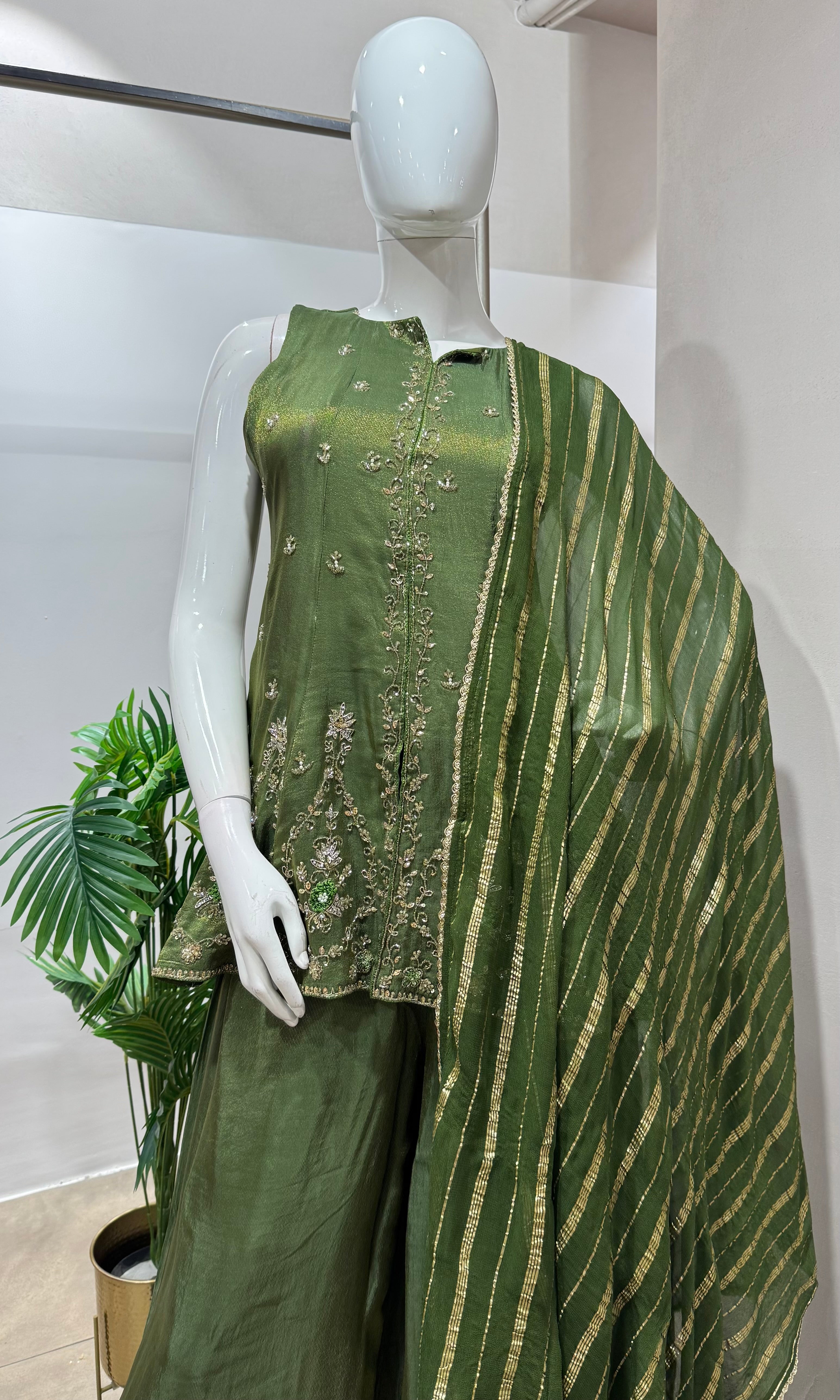 Green gold embroidered palazzo set