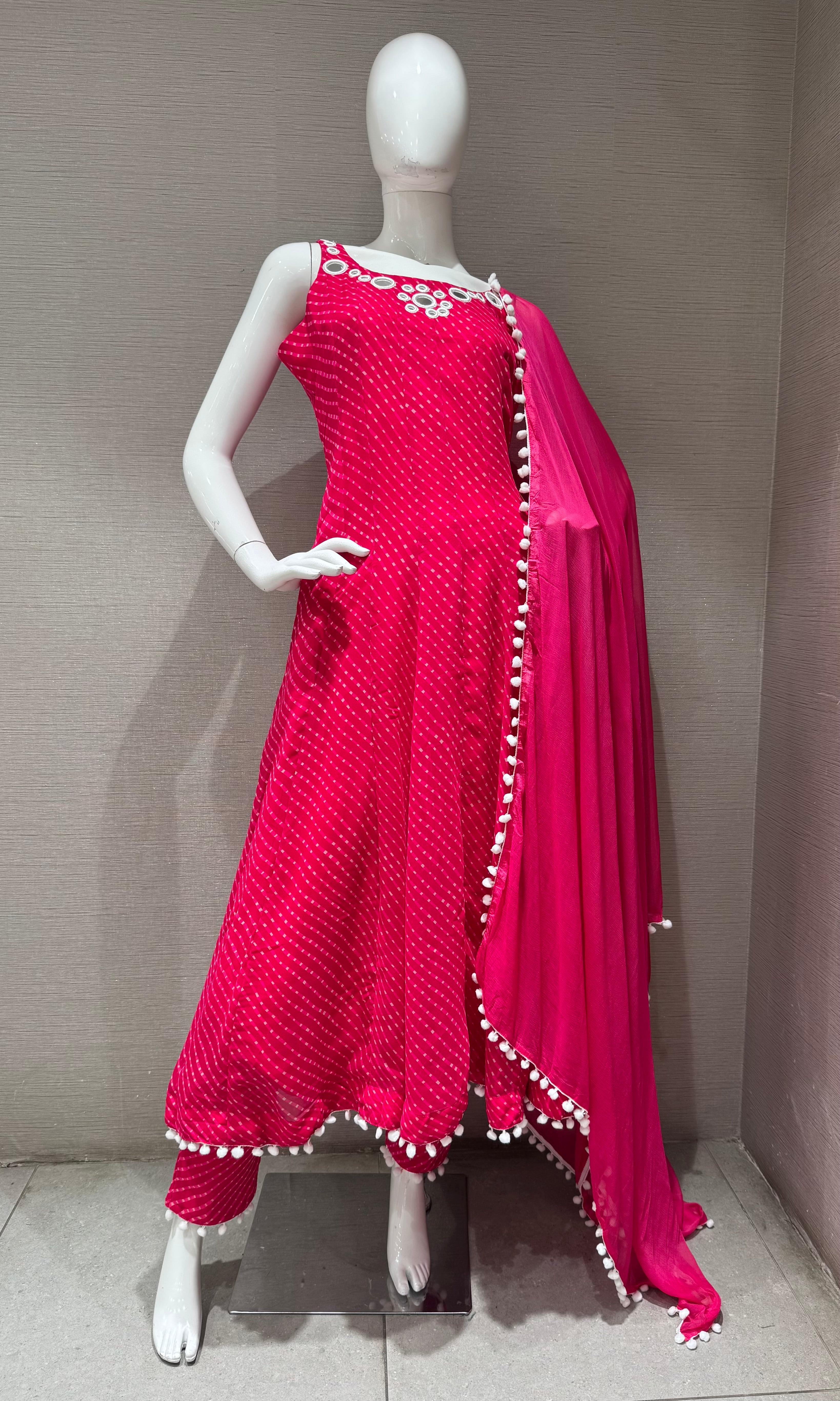 PINK bandhani print and intricate mirror anarkali set