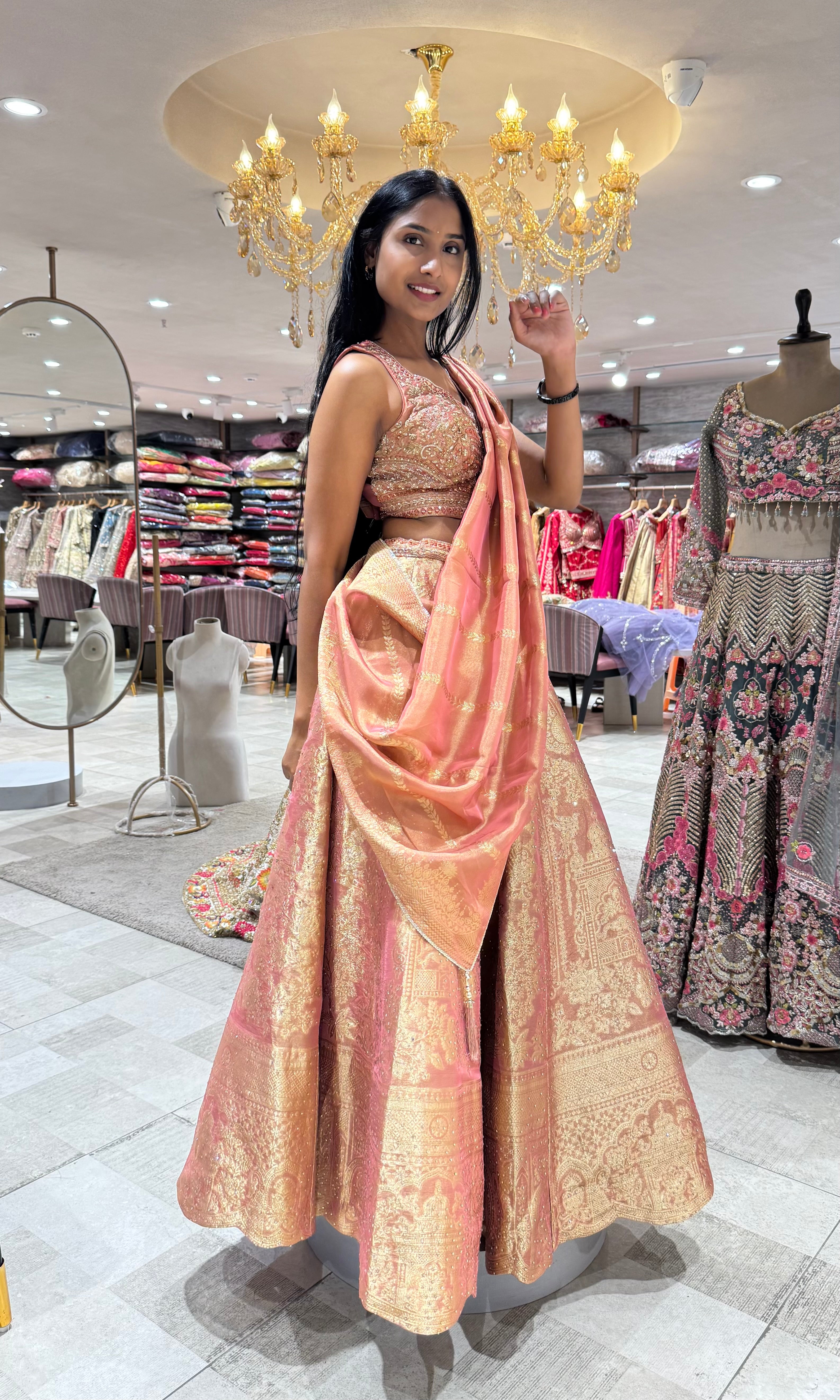 Peach Tissue Embroidered Lehenga