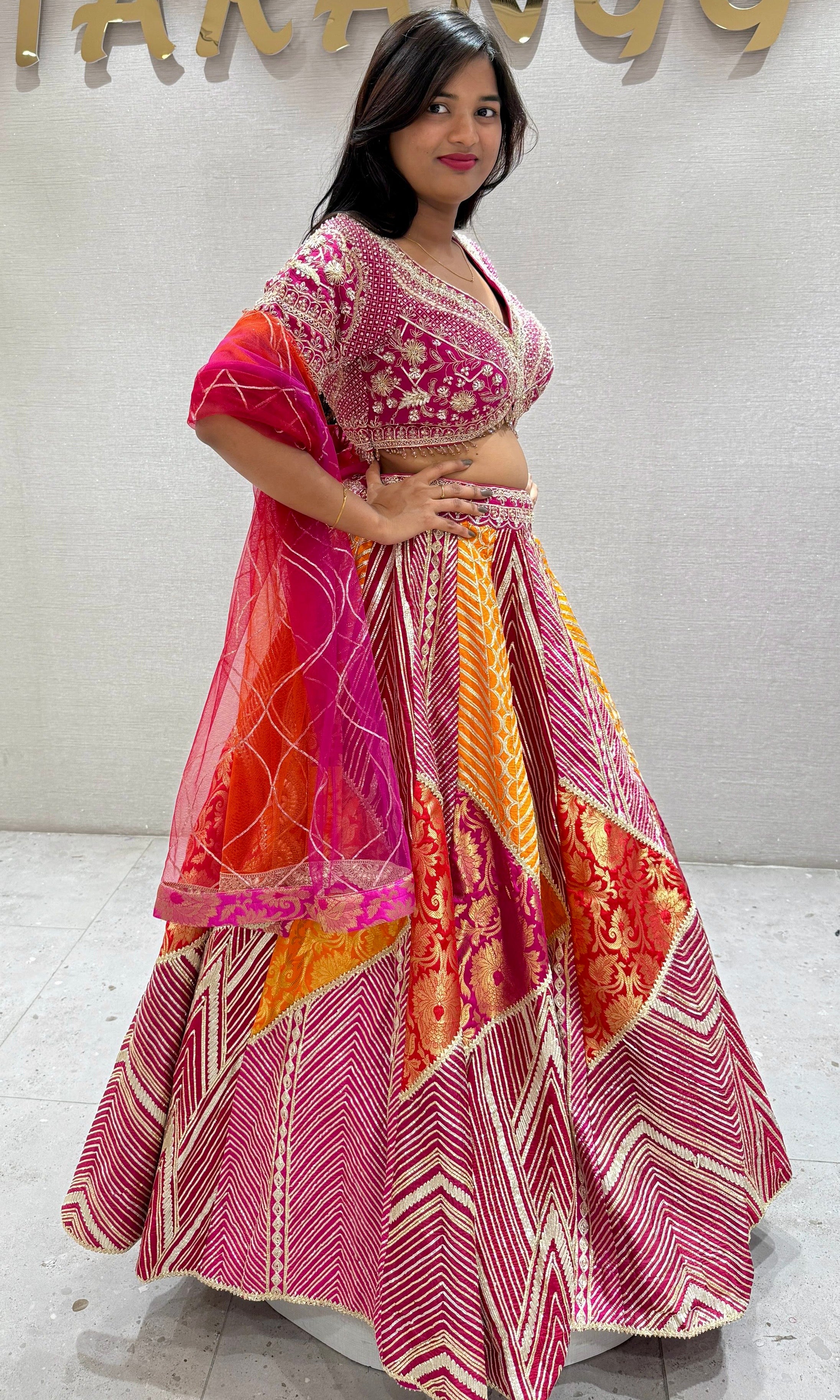 Pink and orange embroidered Lehenga