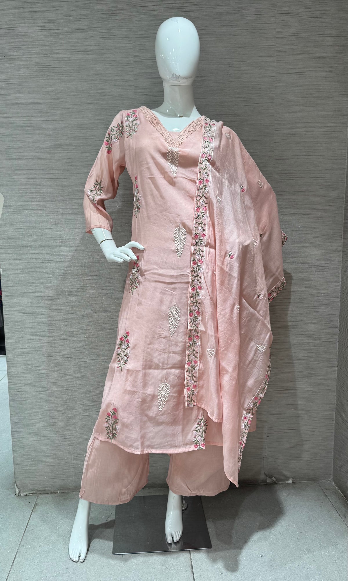 Peach Chanderi Silk Floral Embroidered Kurta Set with Dupatta