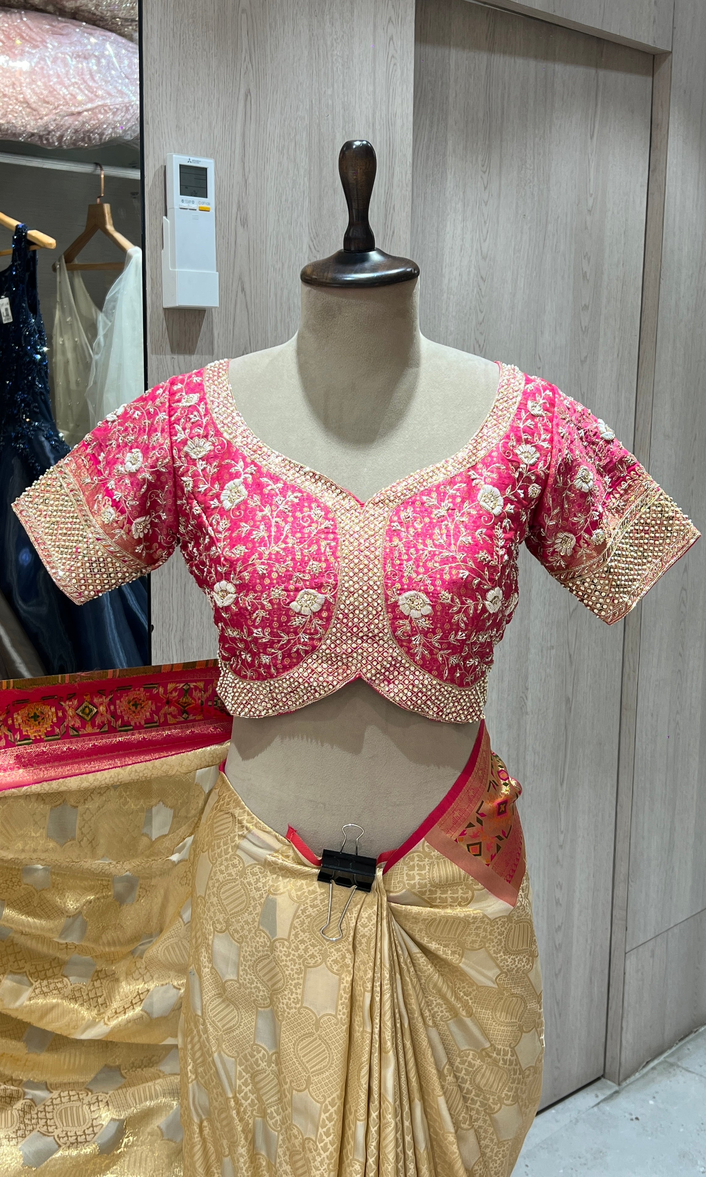 pink and gold kanjivaram saree with blouse