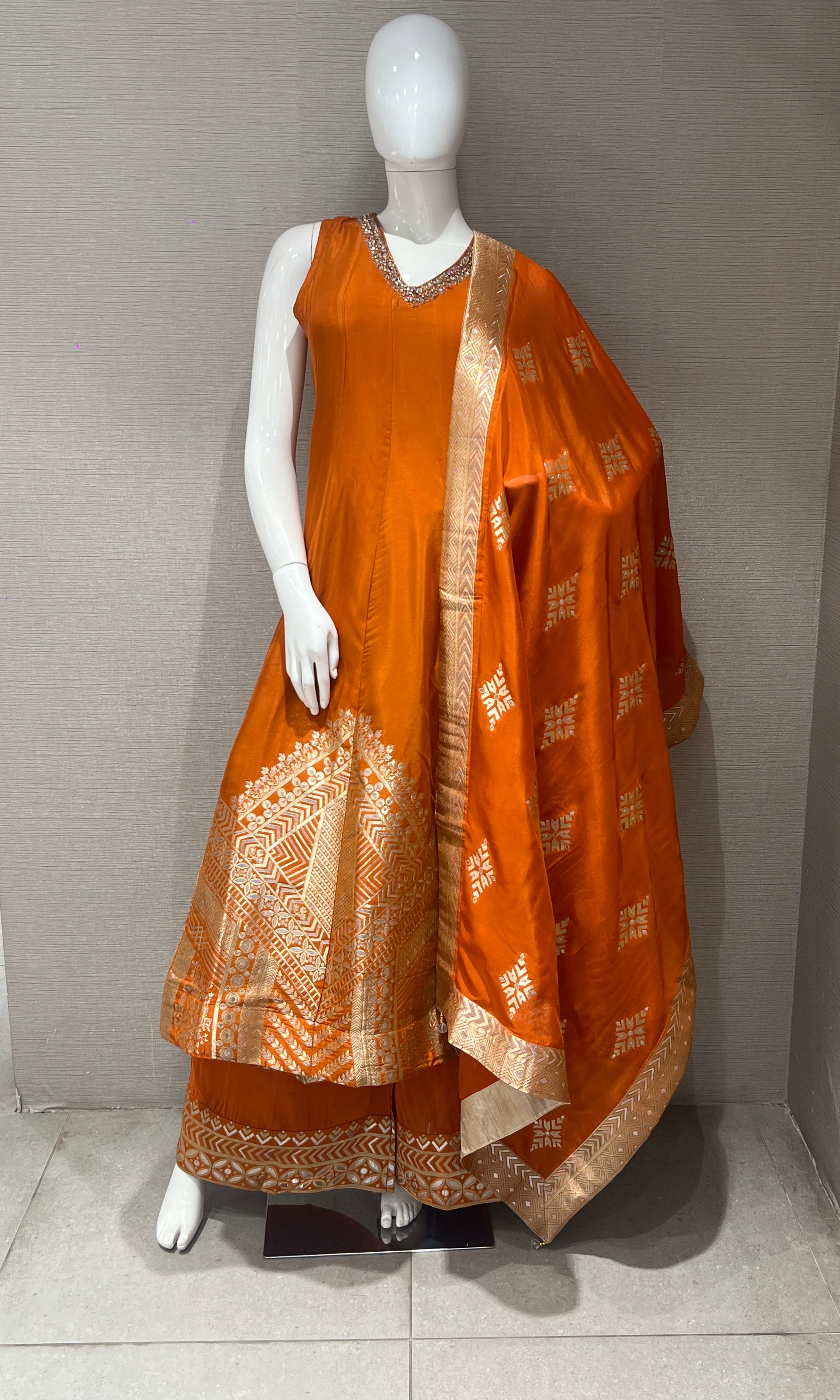 Orange Banarasi Anarkali with palazzo