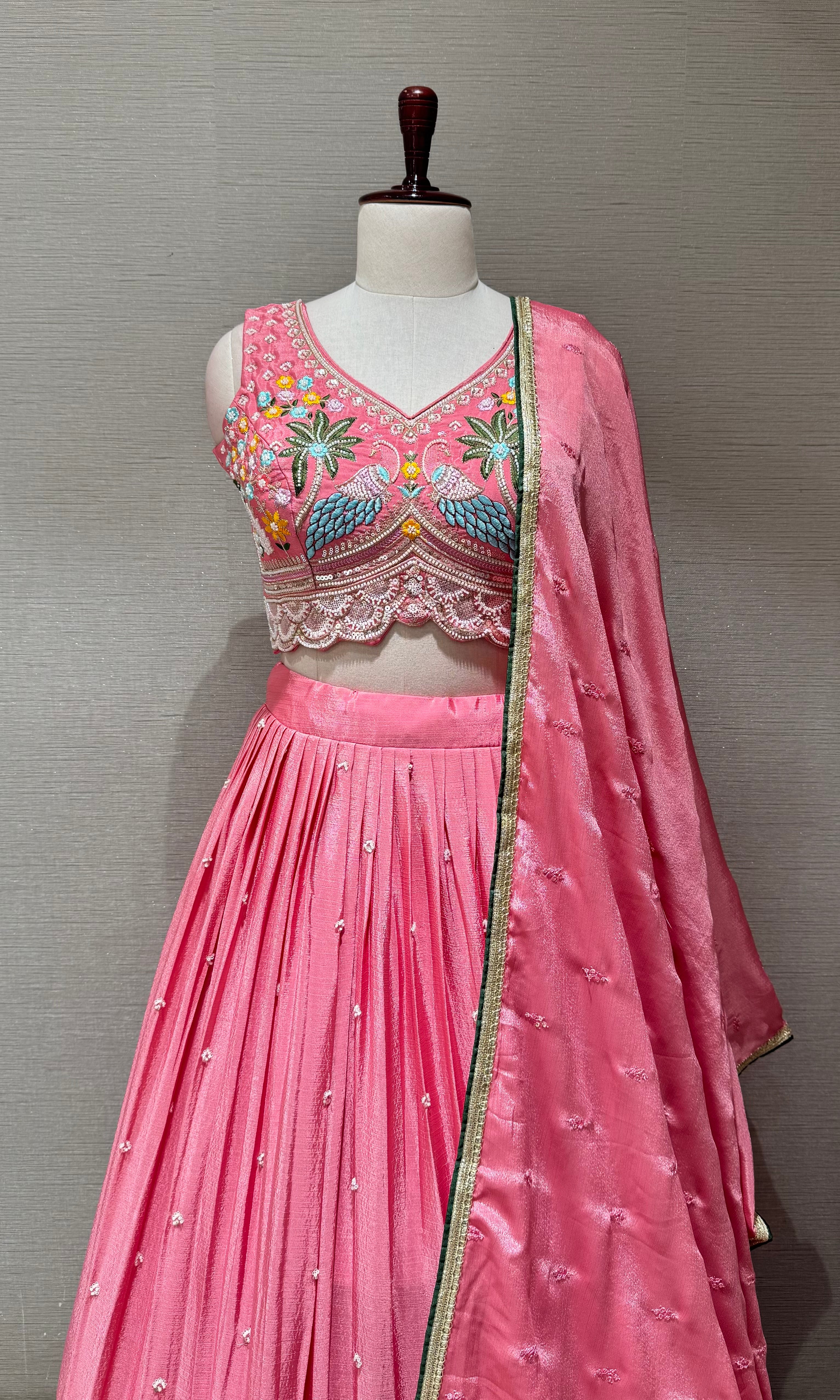 Light Pink Tissue silk Lehenga with Peacock & Floral Embroidery