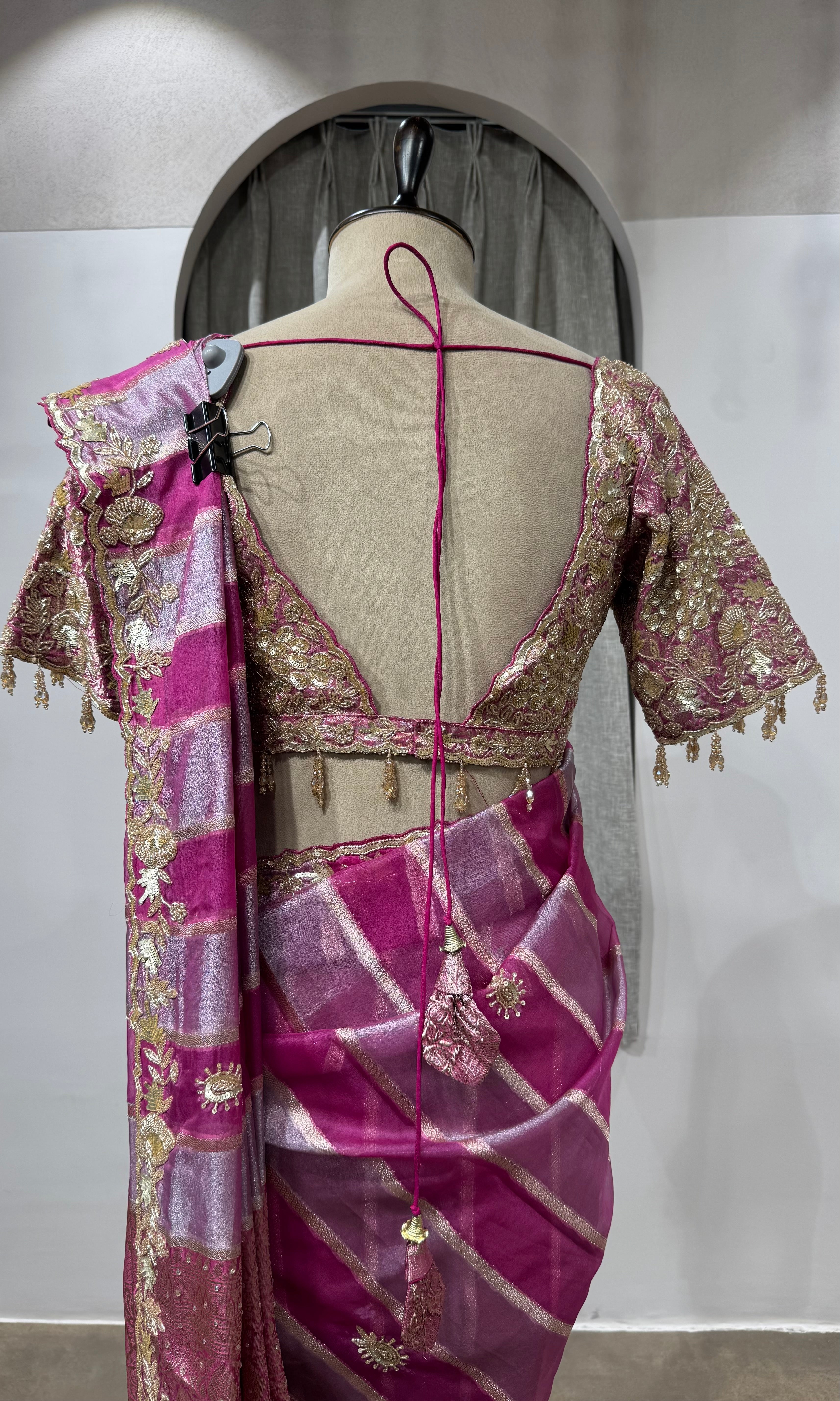 WINE Embellished Tussar Silk Leheriya Saree