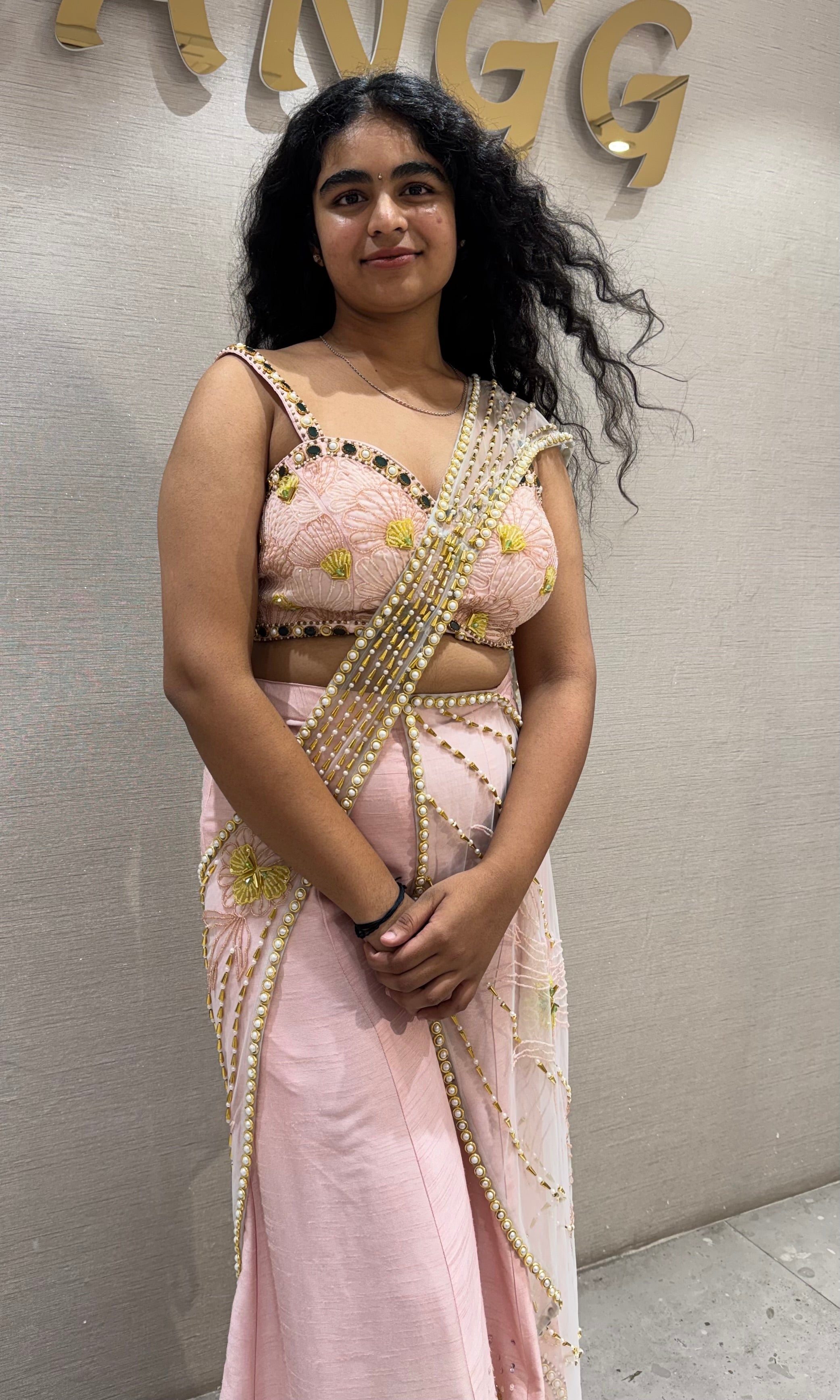 Baby pink palazzo with draped pallu