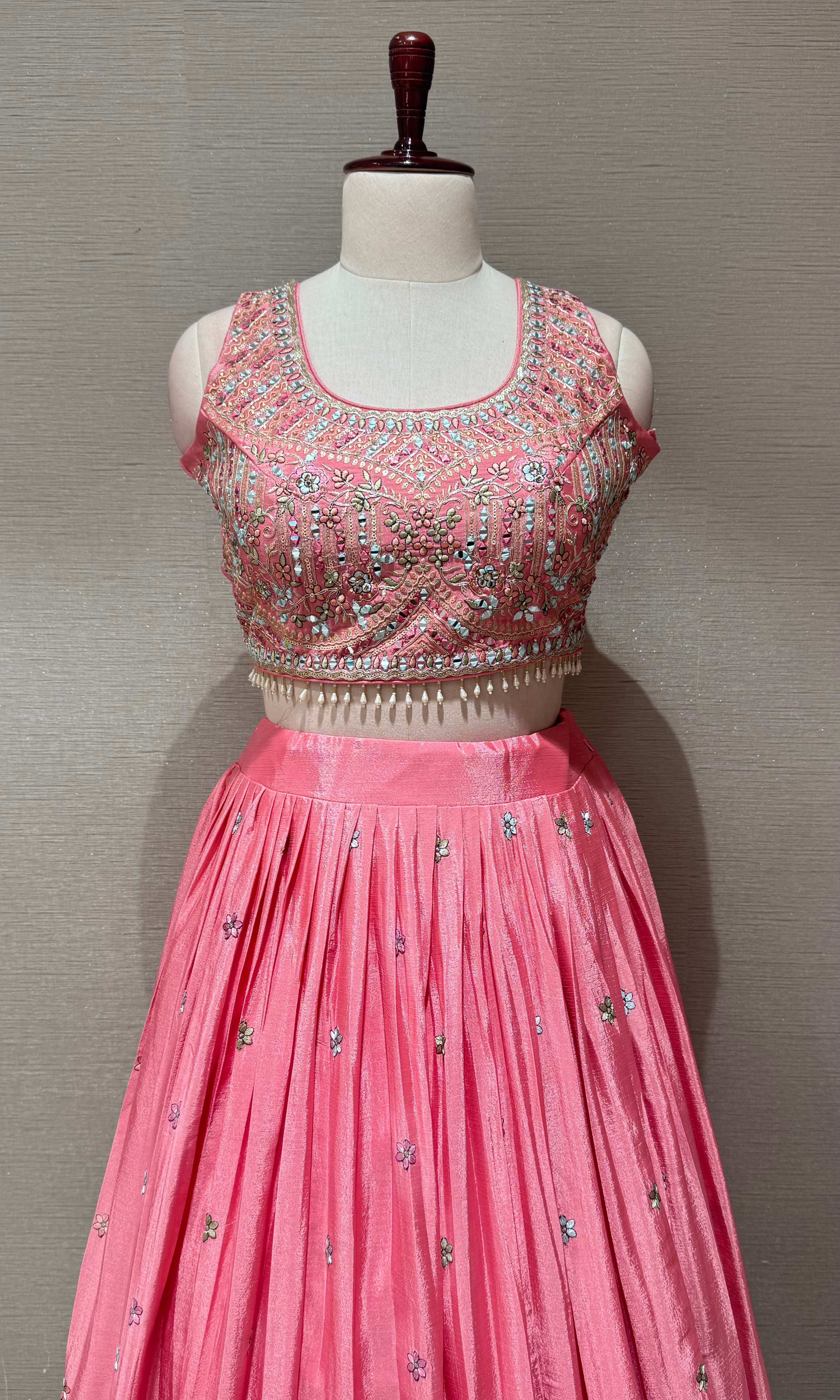 Rose Pink tissue silk Embroidered Lehenga set