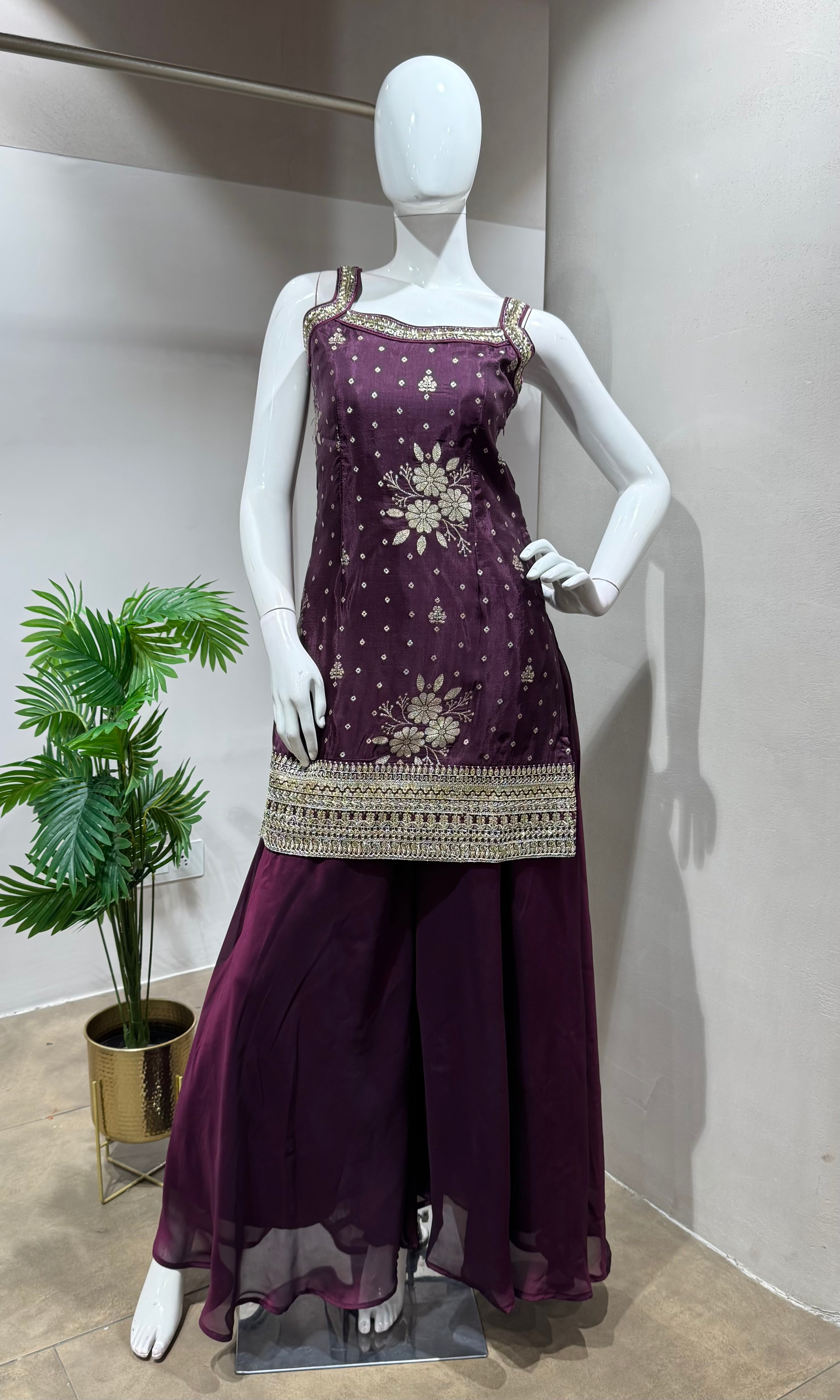 Wine Embroidered Georgette Sharara Set
