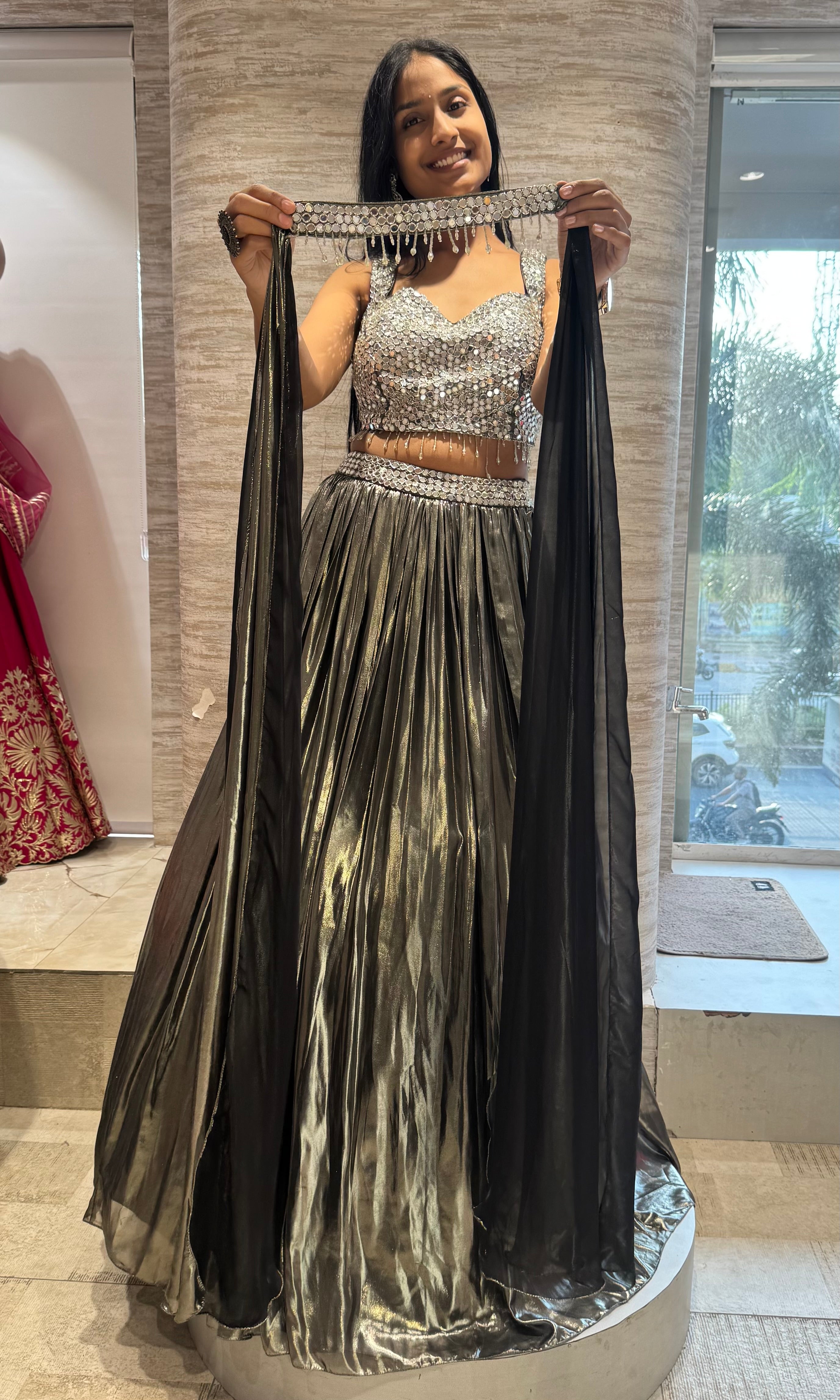 OLIVE GREEN pleated metallic LEHENGA SET