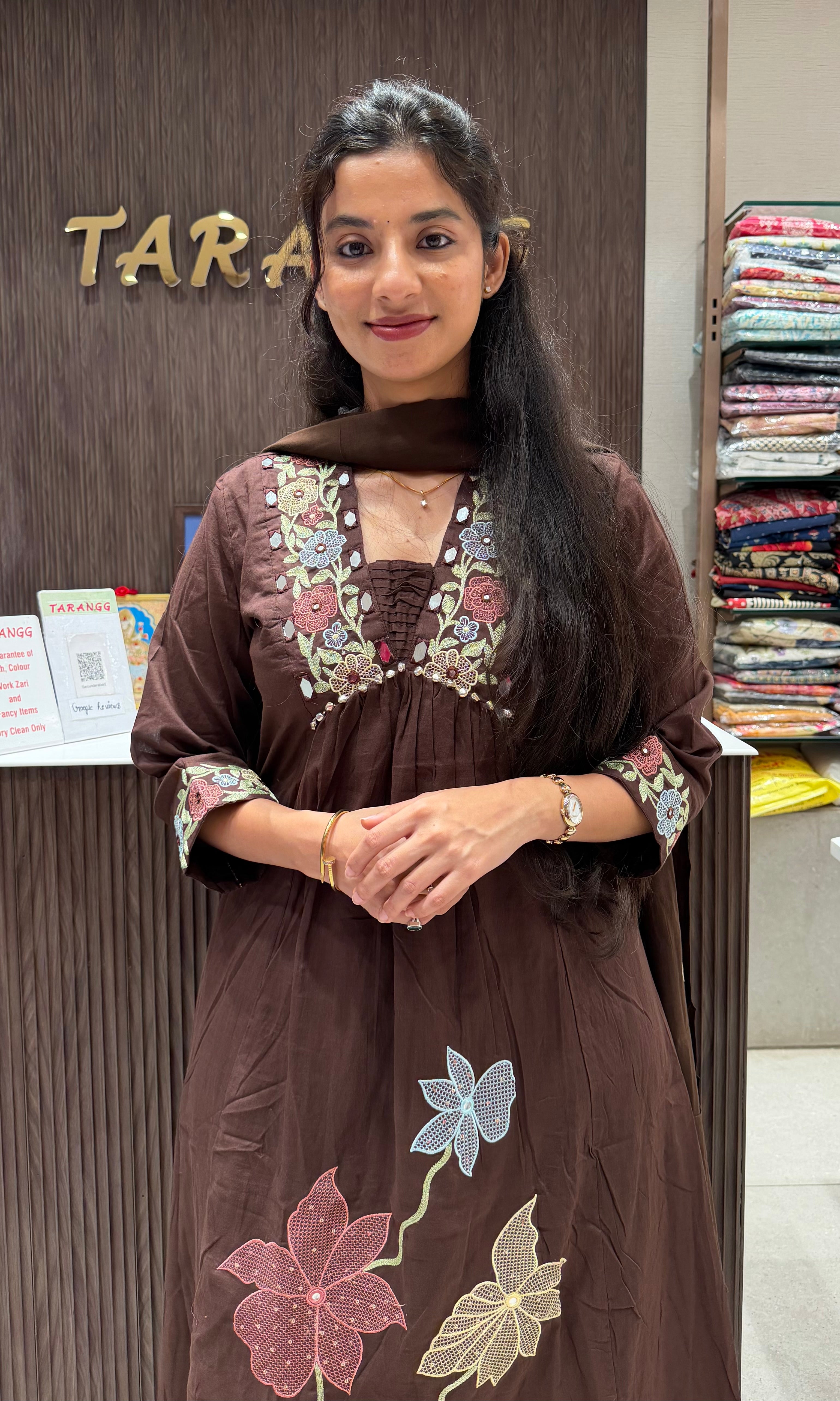 Brown Floral Embroidered Kurta set