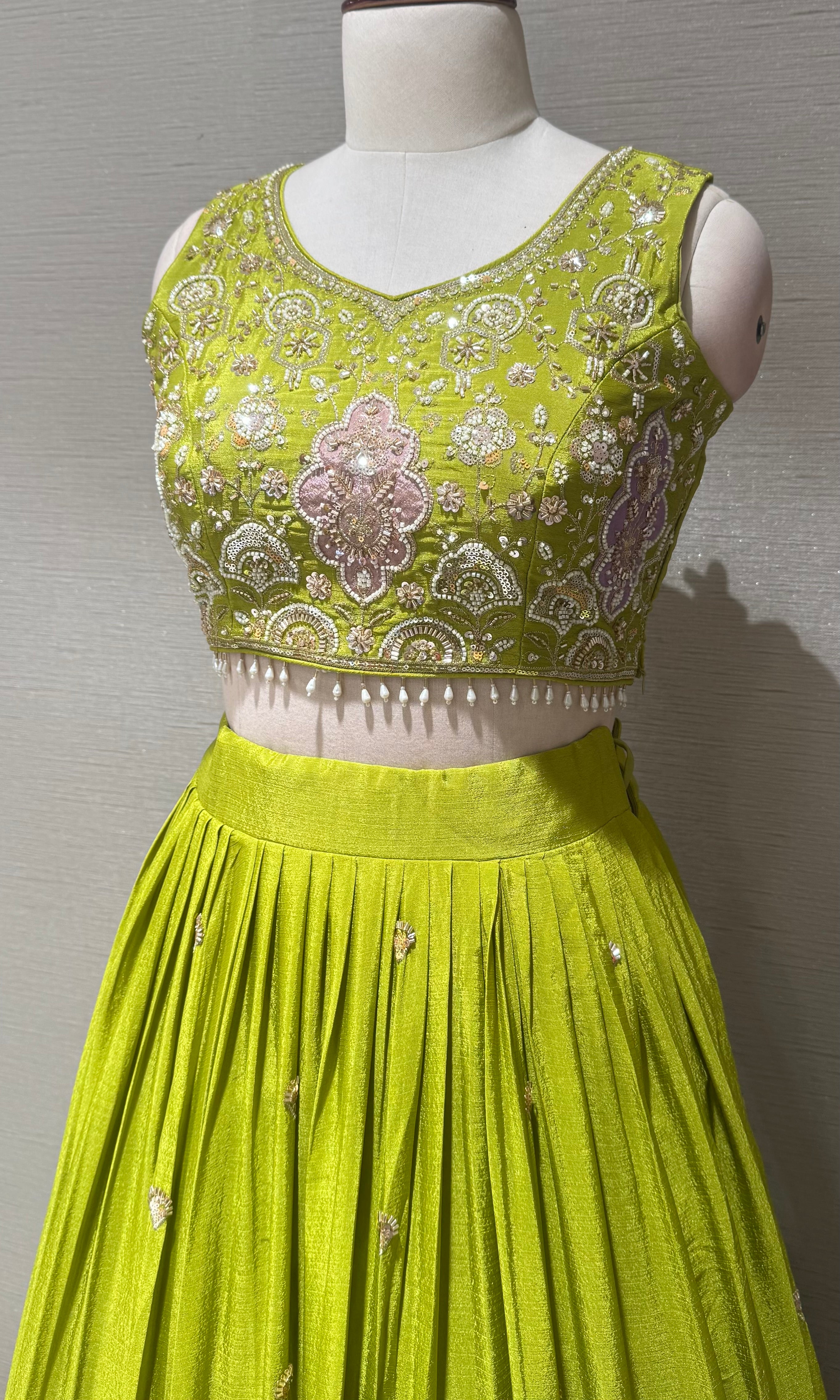 Lime Green Tissue silk Lehenga with Multi Floral border