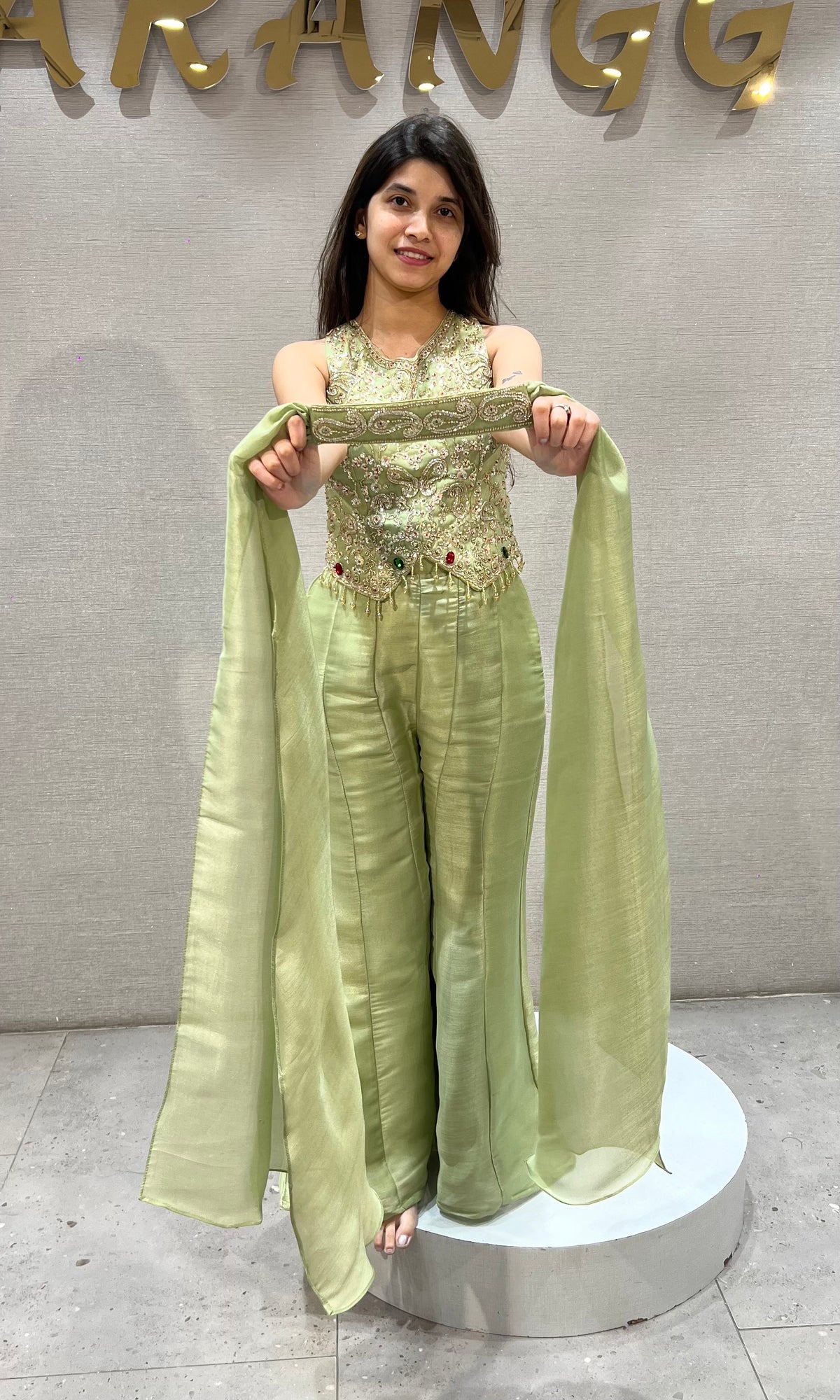 Pista Green shimmer Embellished Palazzo set