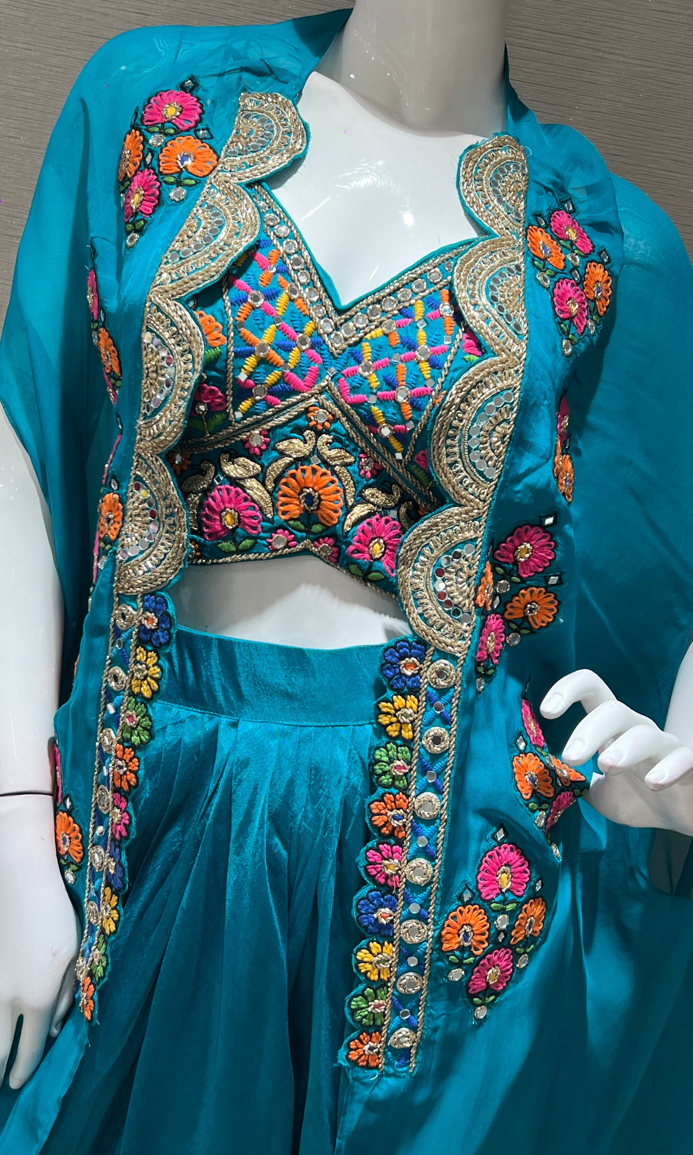 Rama blue SKIRT WITH FLORAL BLOUSE AND CAPE