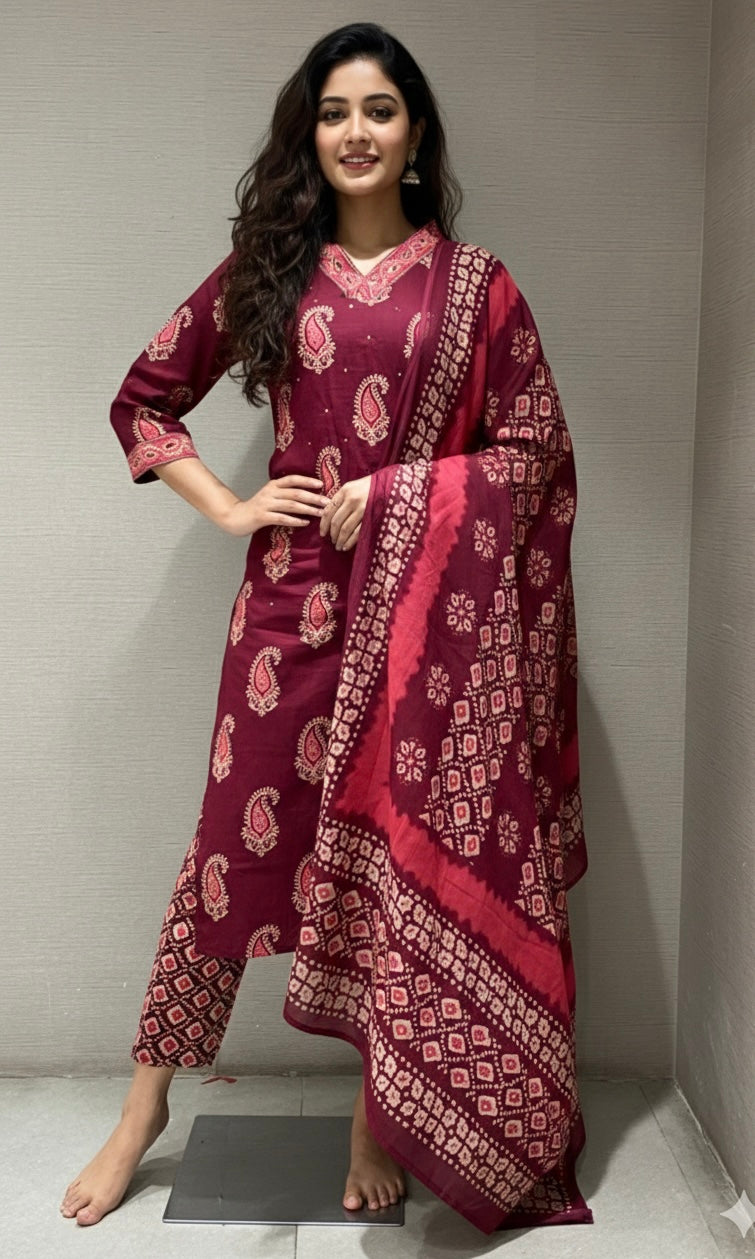 Maroon ETHNIC PRINT kurta set