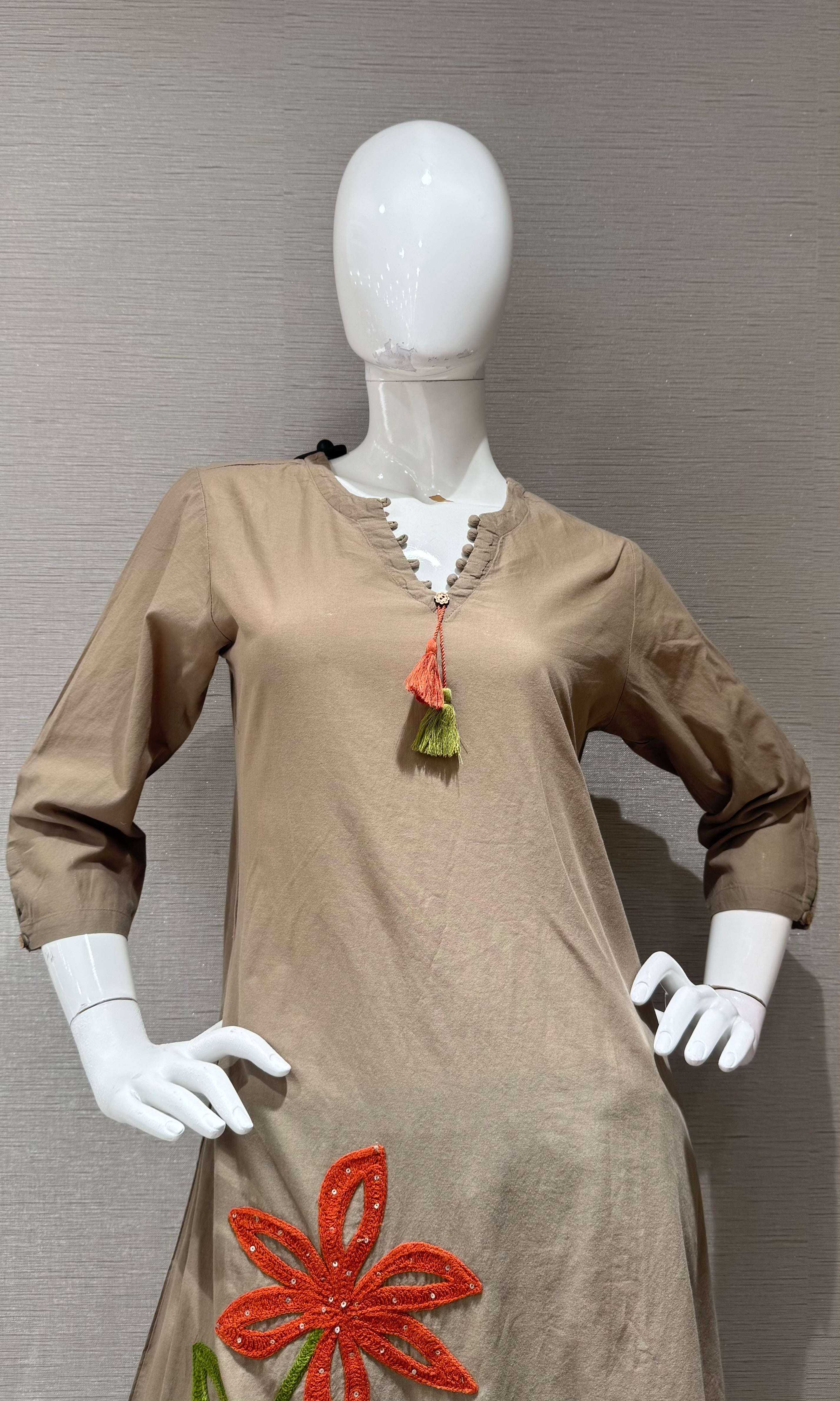 Brown Kurta Set with orange floral embroidery