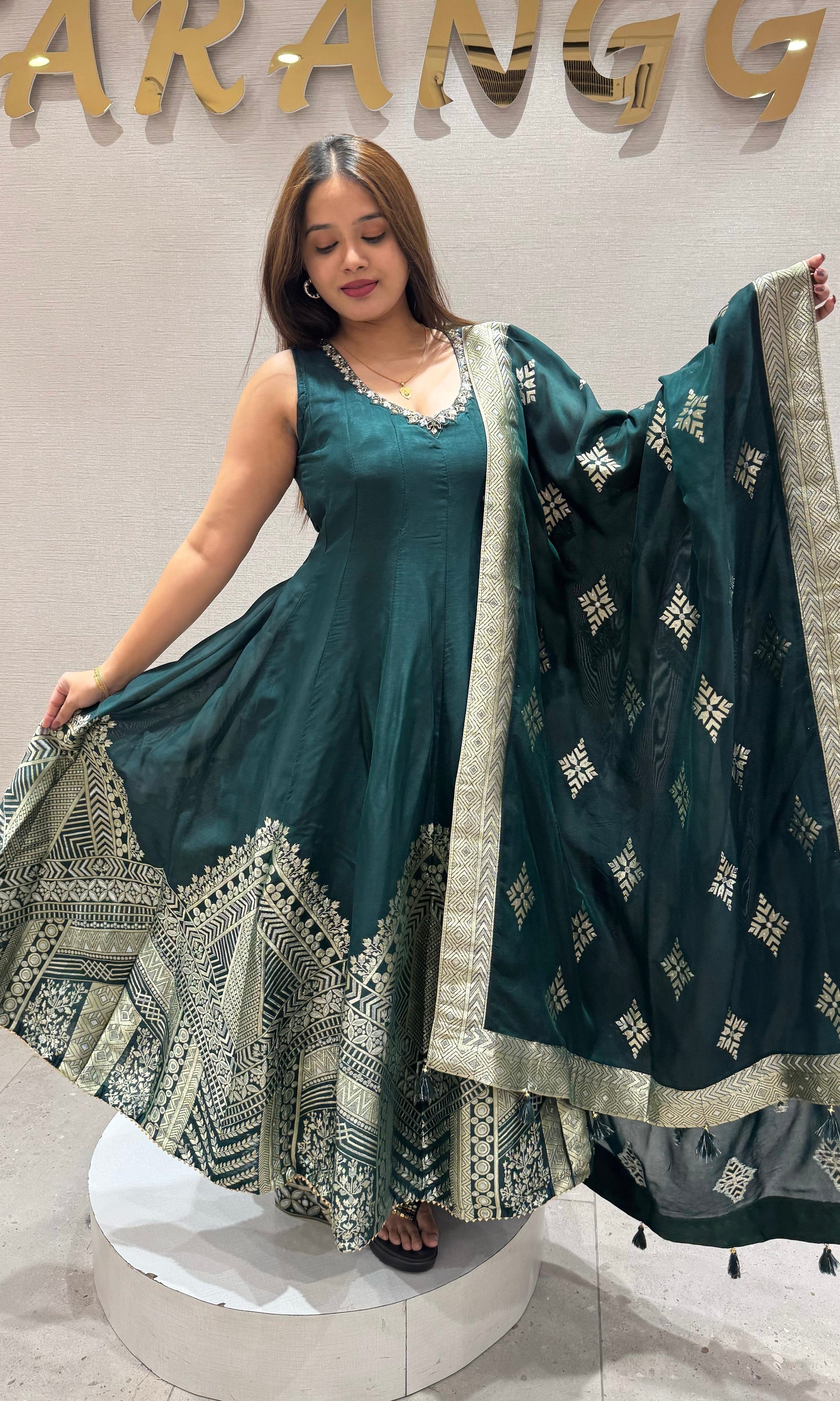 GREEN BANARASI ANARKALI WITH PALAZZO