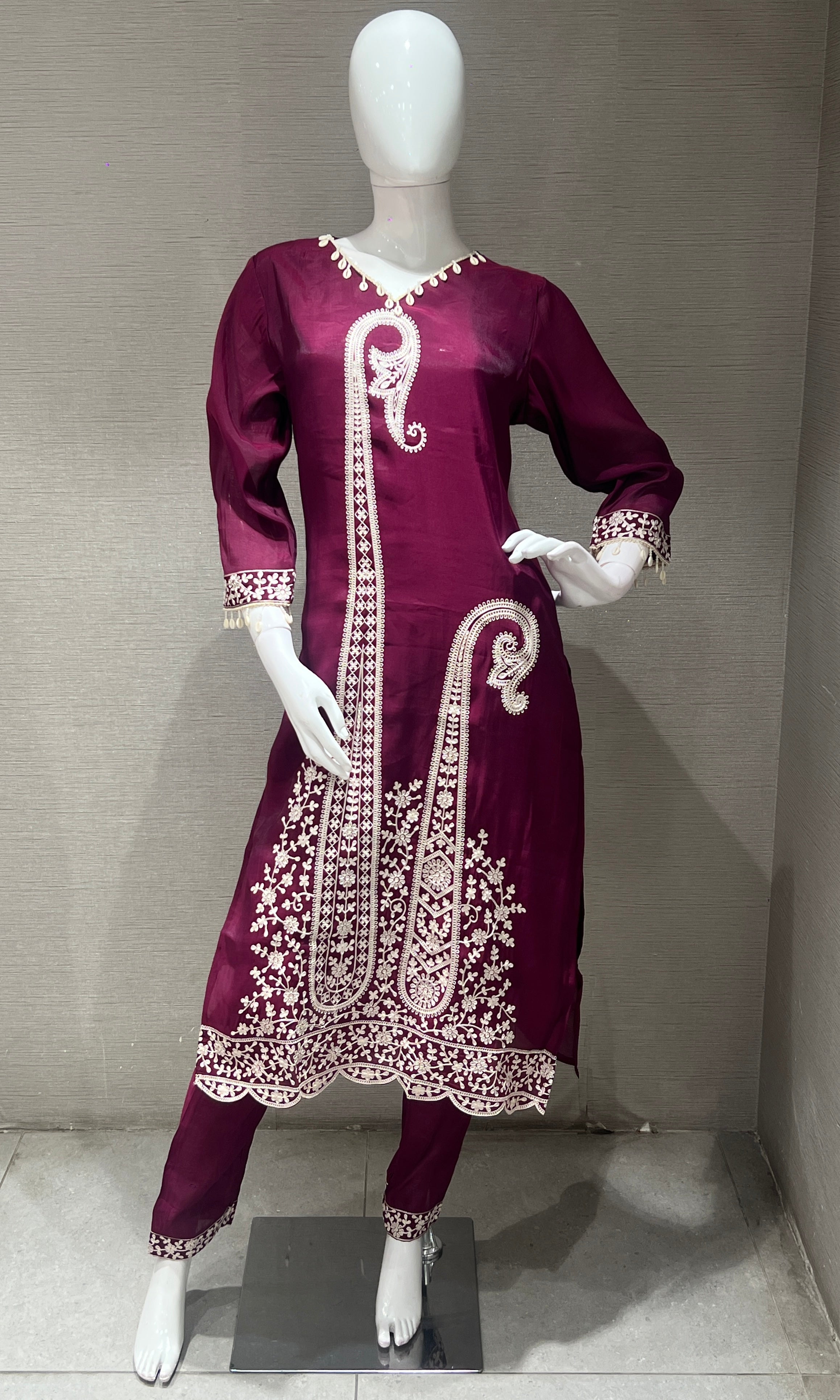 Wine Thread Embroidery Kurta Set