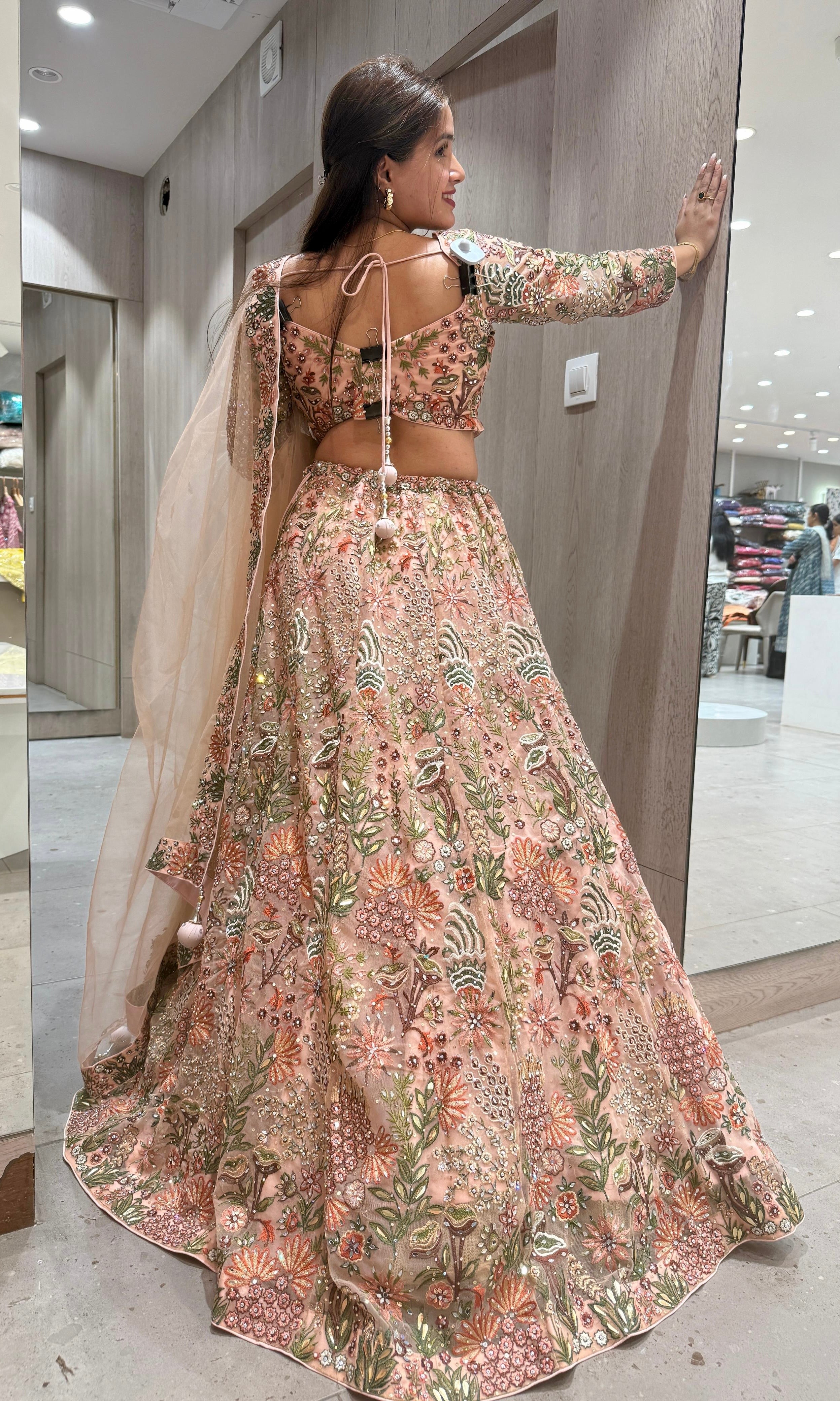 Peach Resham Multi-Thread & Floral Embroidery Lehenga Set
