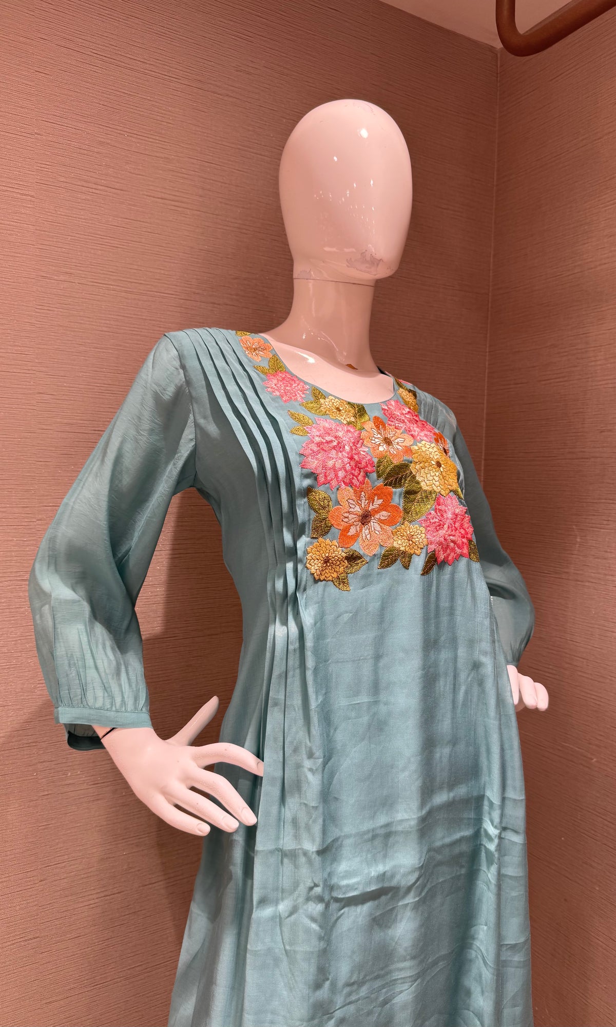 Blue Floral Embroidered Mul Chanderi A Line kurta Set with dupatta