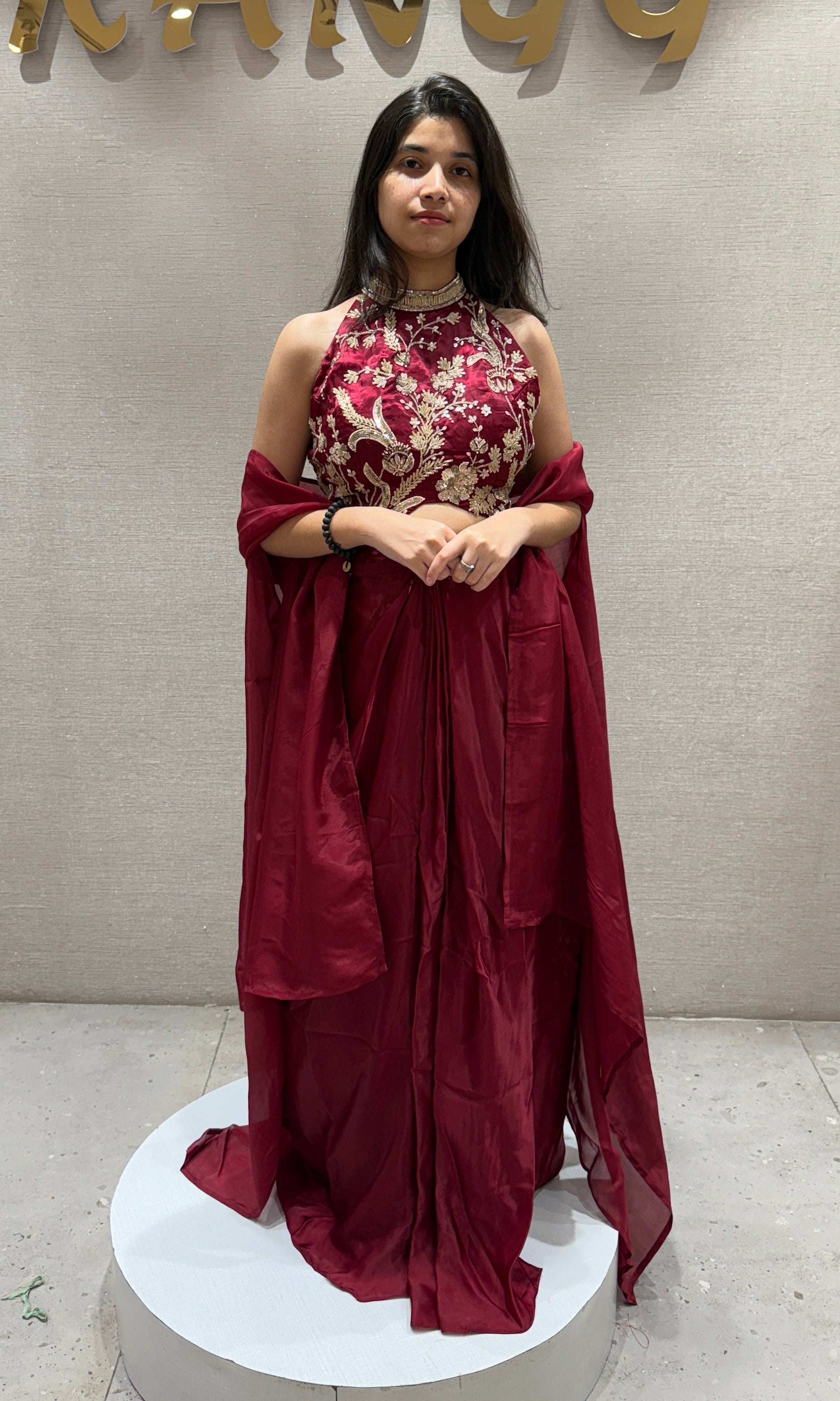 Maroon Embellished drape skirt with cape