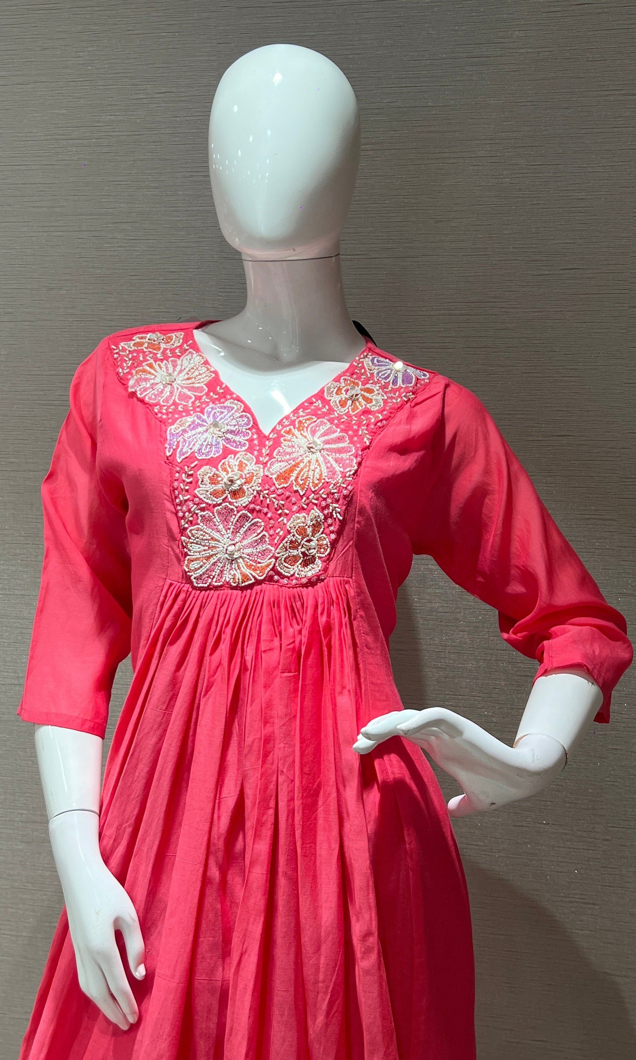 Pink Floral Neckline Kurta Set