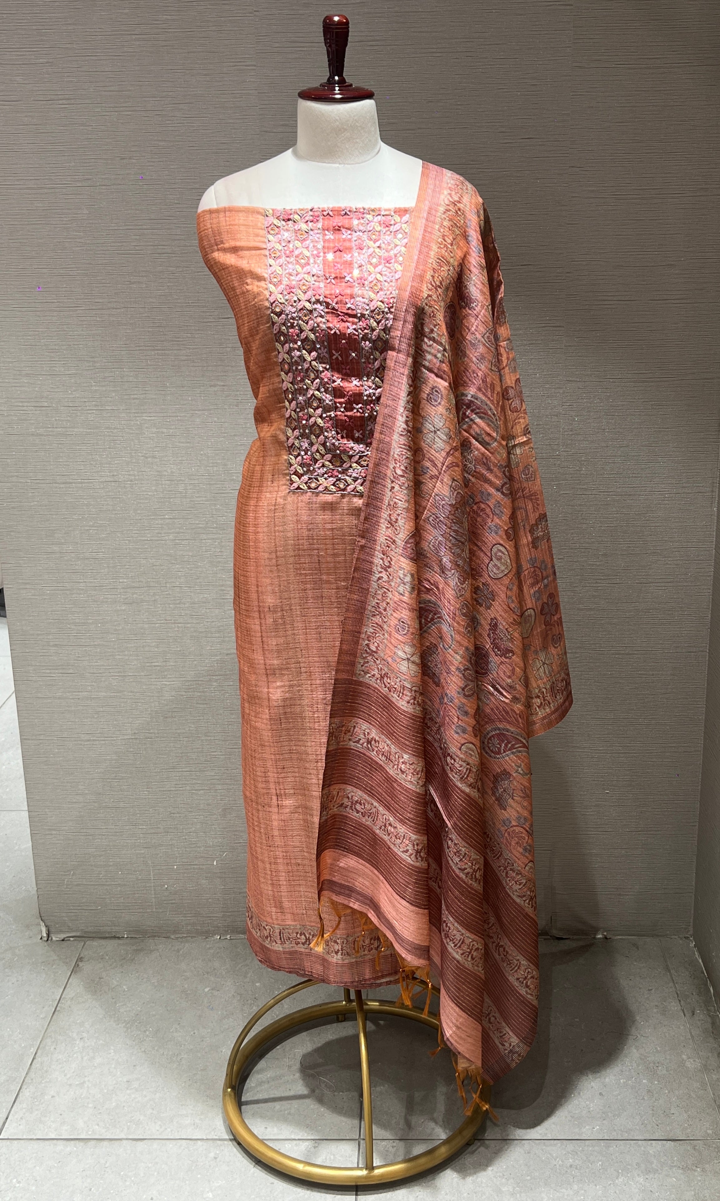 Brown embroidered party wear dress material