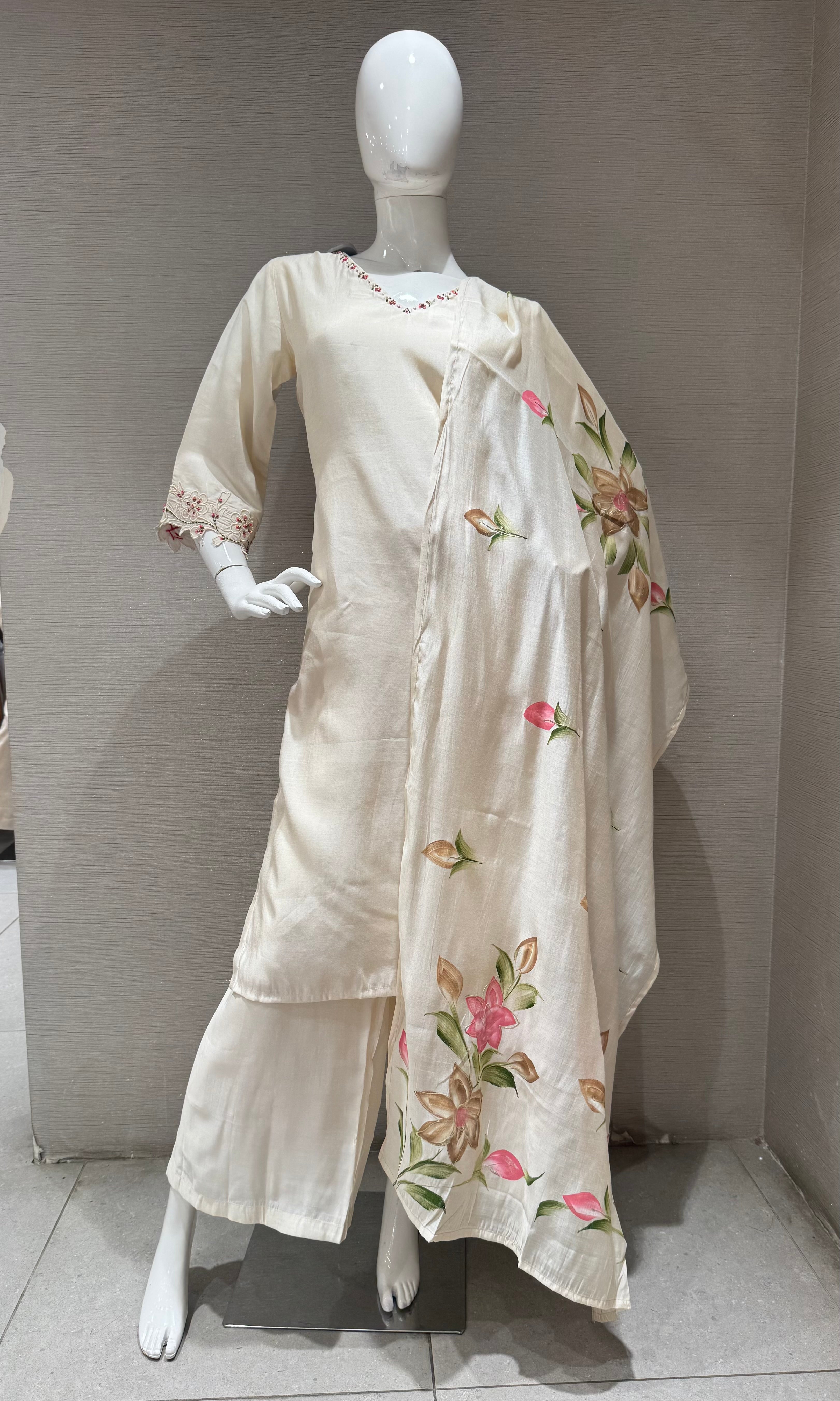 Cream Floral Kaftan Kurta Set