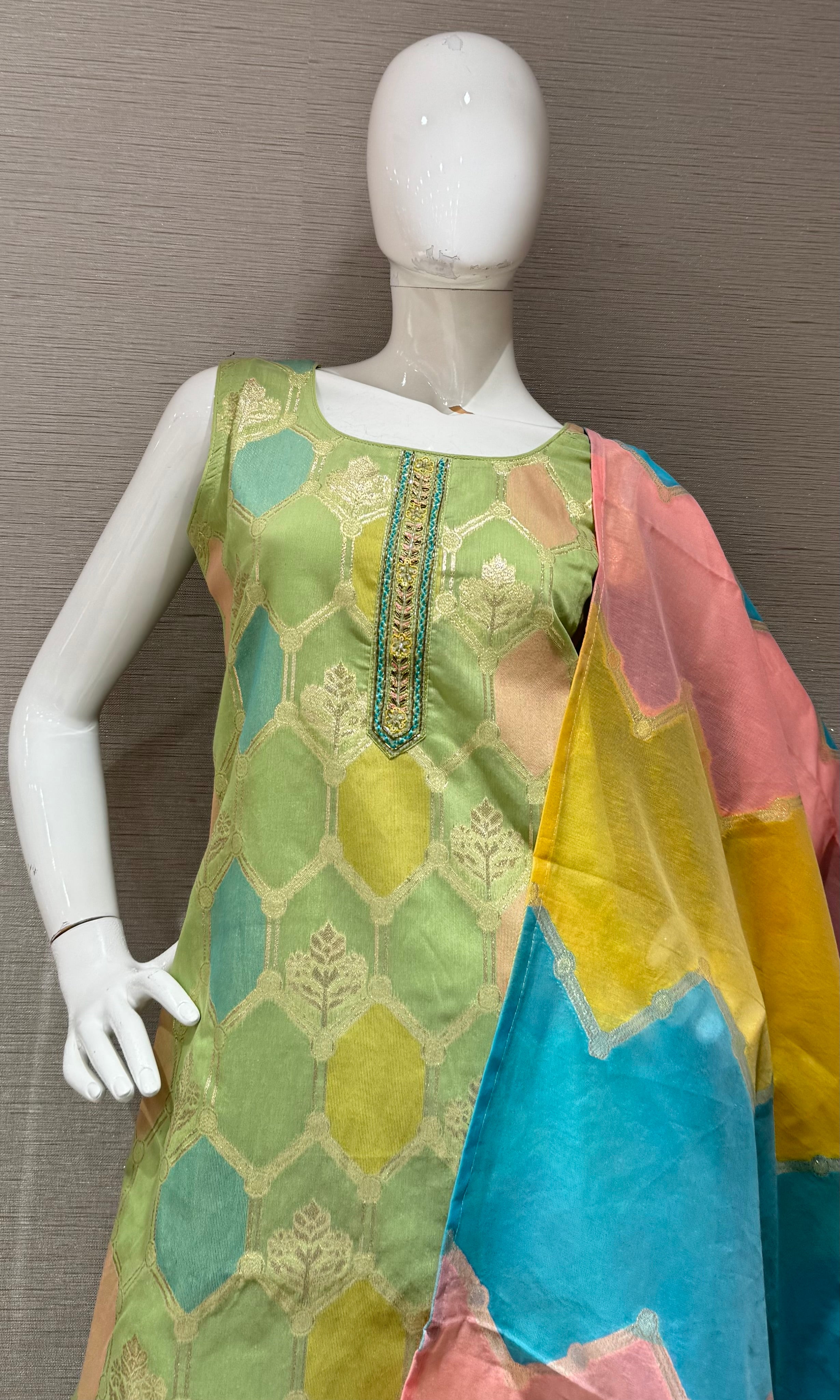 Pista Green Silk Salwar Suit with Multicolor Printed Dupatta