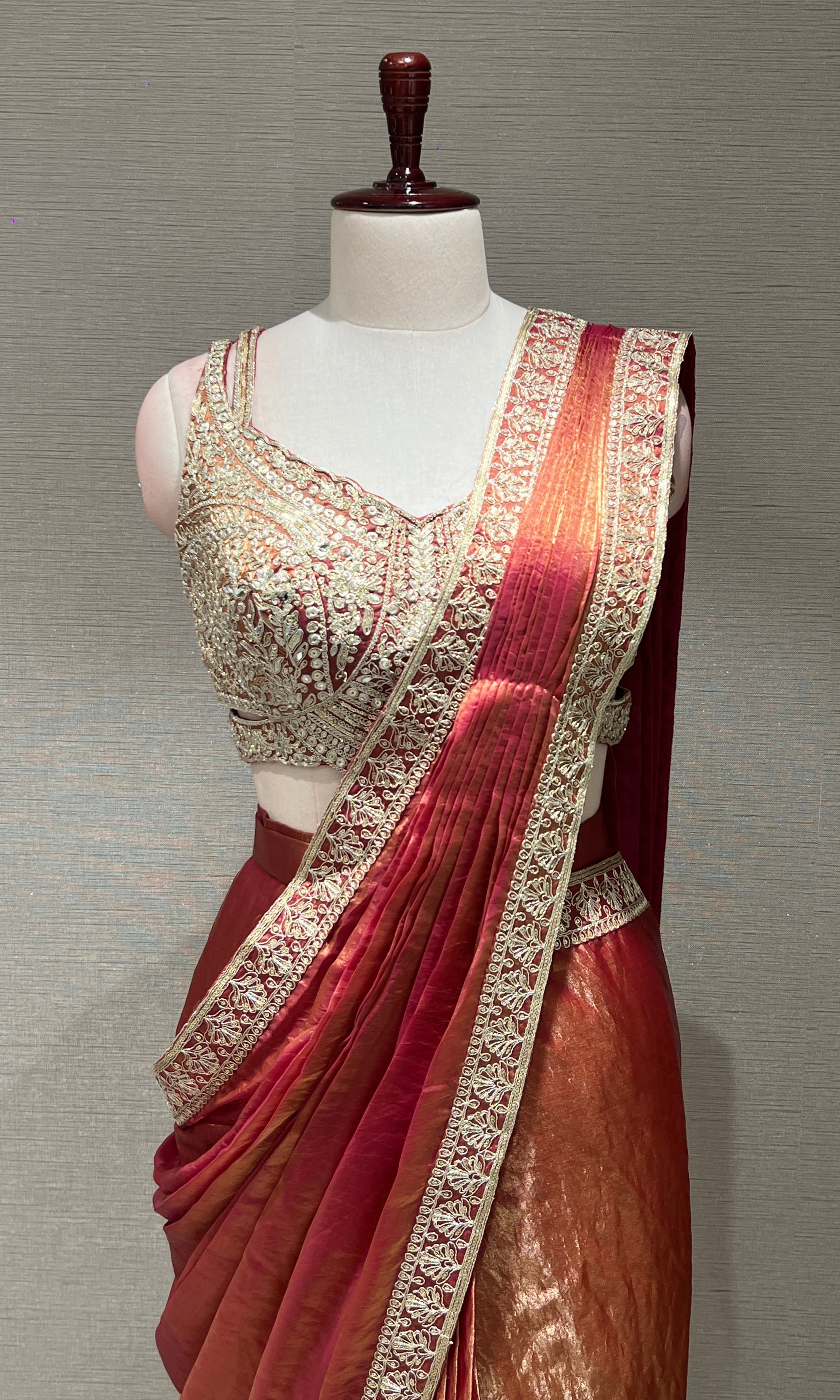 Rust Gold Drape SAREE WITH CORSET BLOUSE