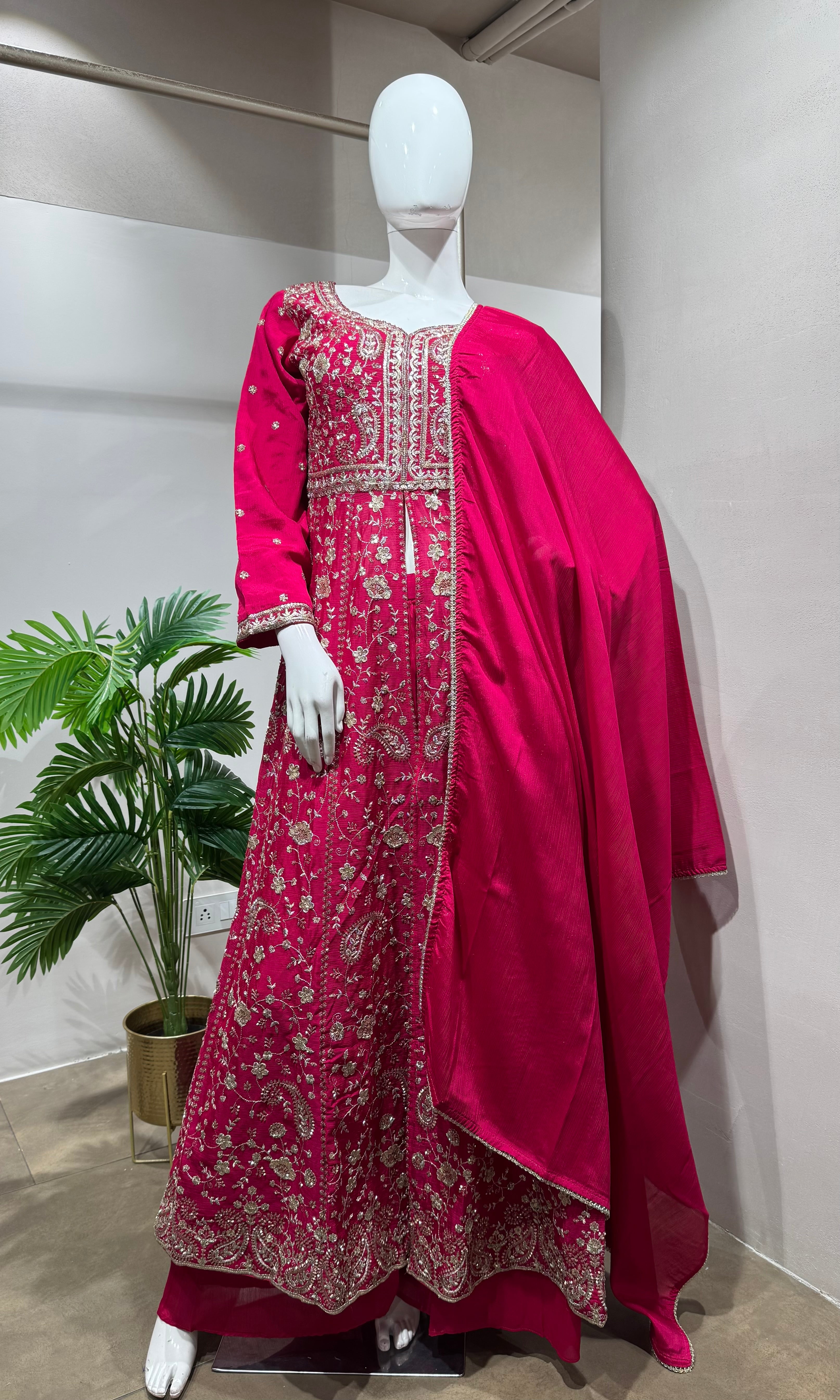 Pink Embroidered Front-Slit Anarkali Set