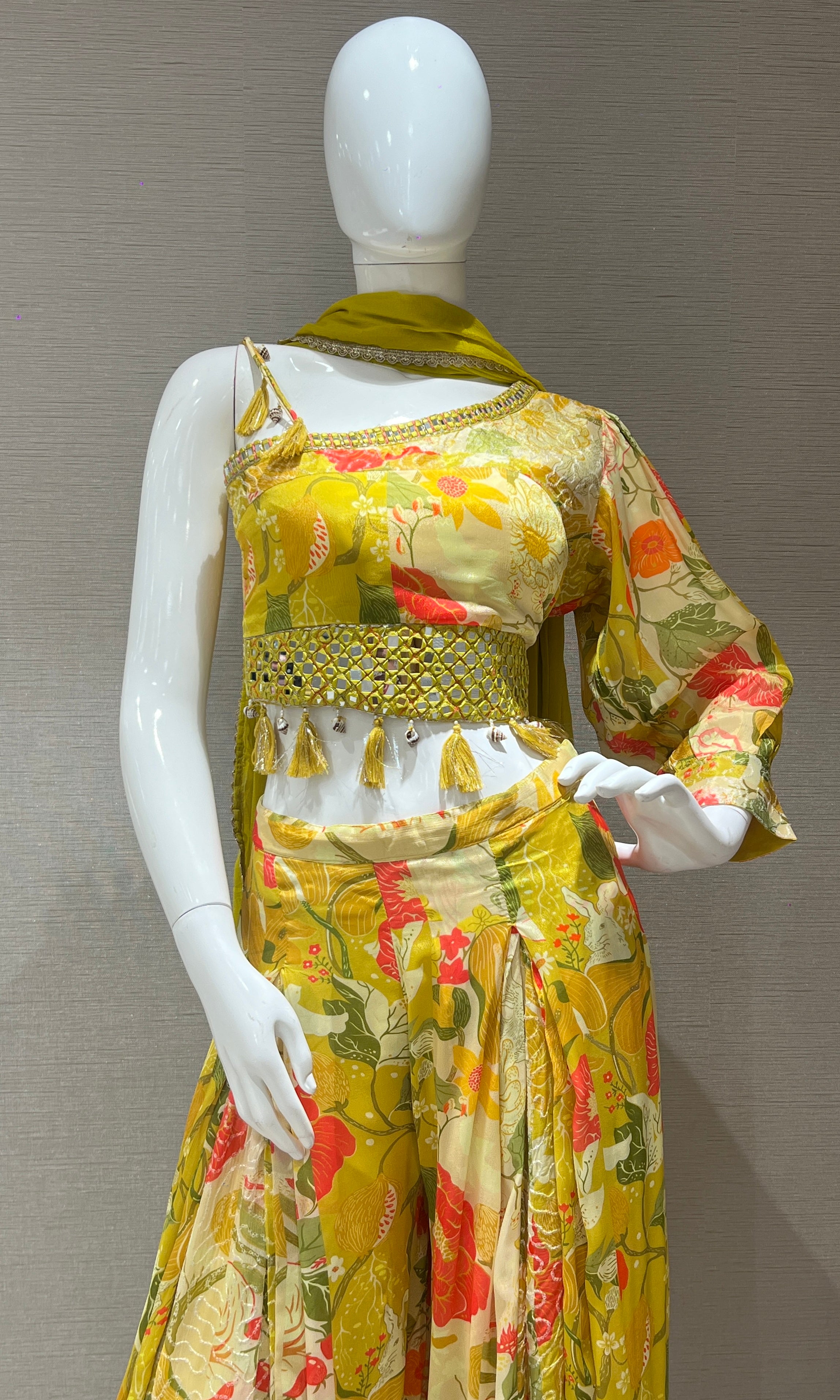Yellow one shoulder crop top with palazzo