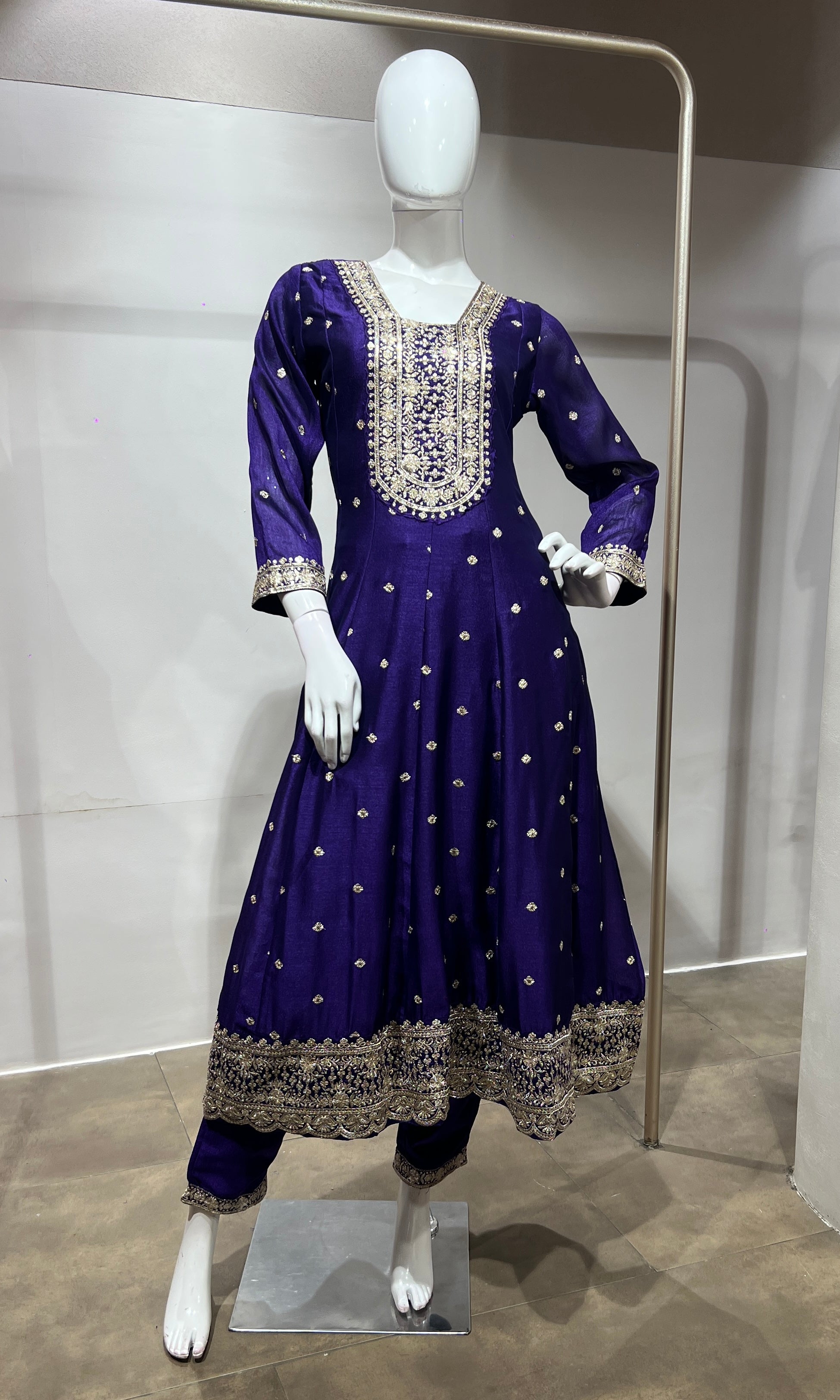 Purple gold embroidered anarkali set